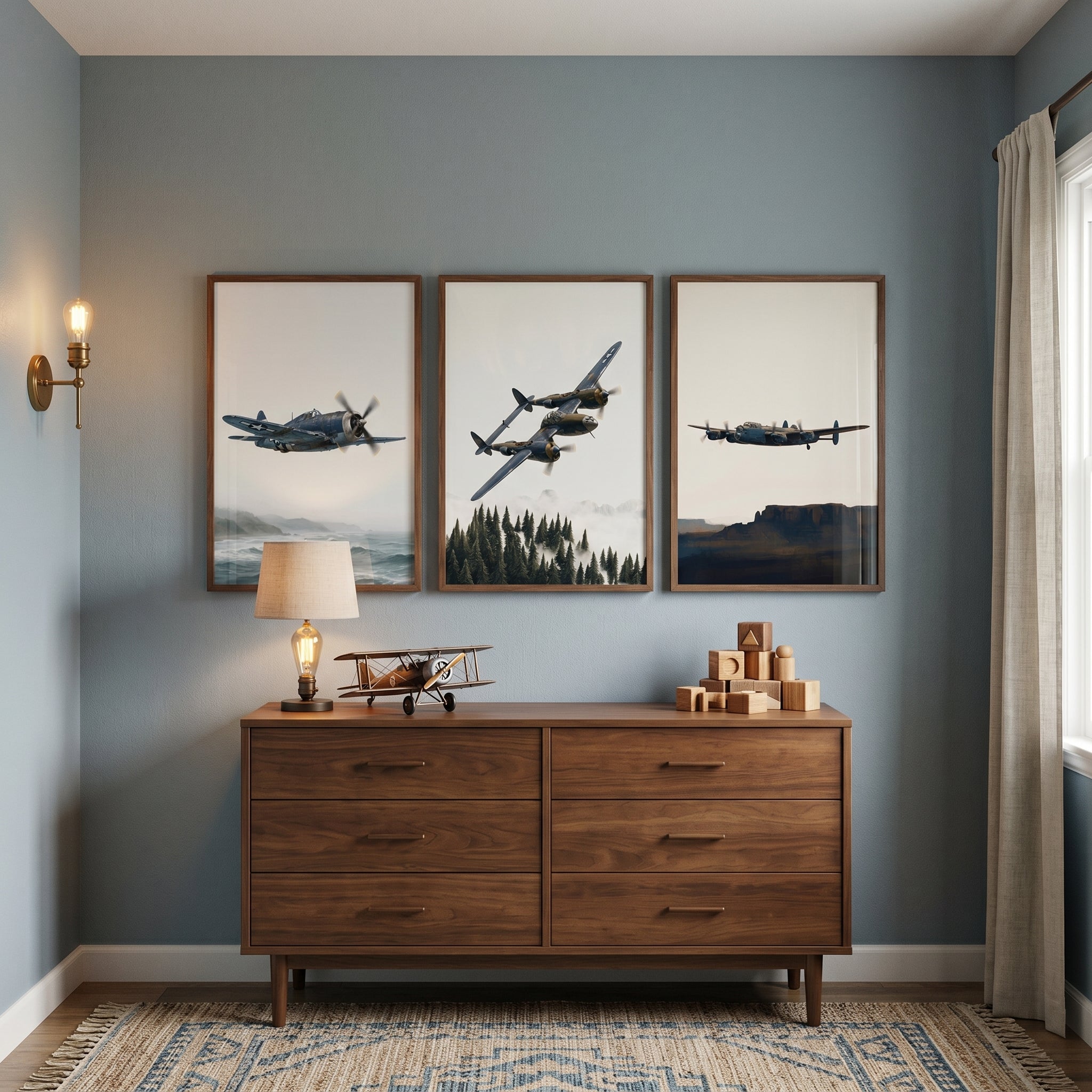 Retro Flight Military Airplane Wall Art Set of 3 - Vintage Sky Vistas