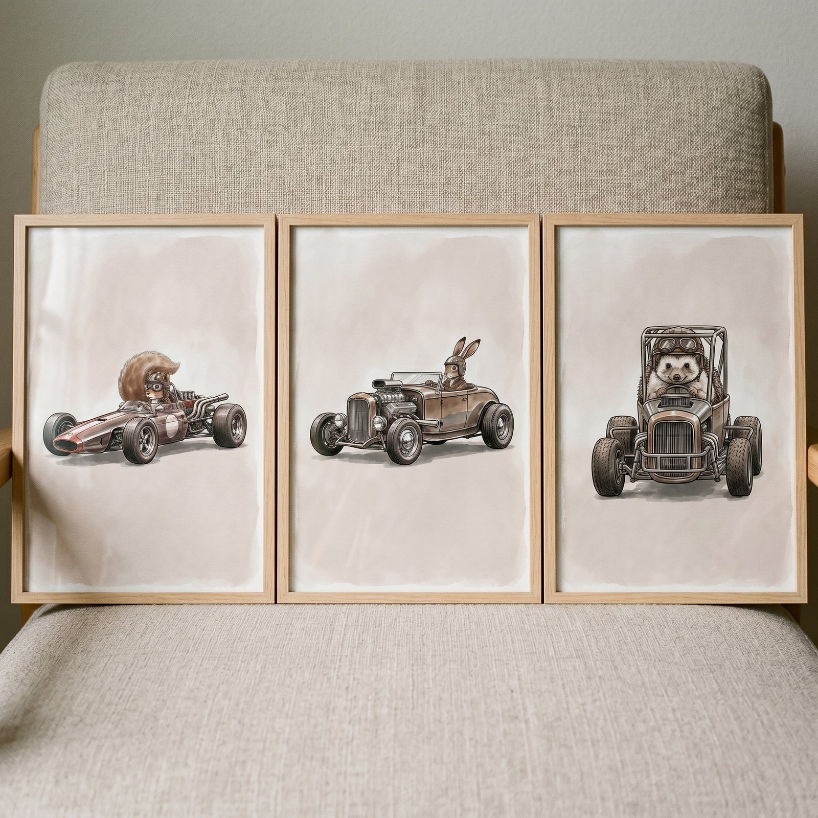 Retro goggles driving animal wall art set of 3 features a squirrel, rabbit, and hedgehog in vintage racing cars.
