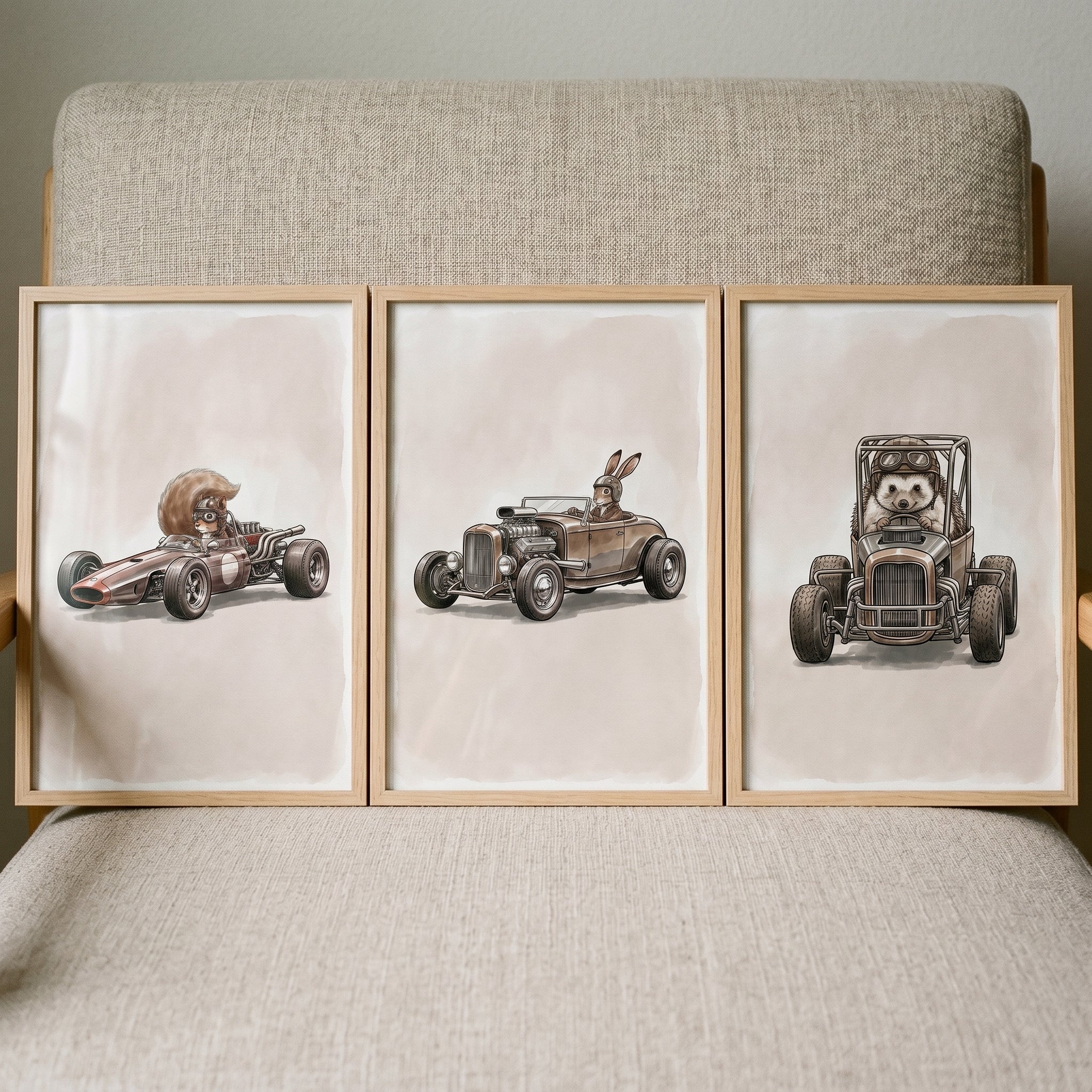 Retro Goggles Driving Animal Wall Art Set of 3 - Vintage Animal Racers