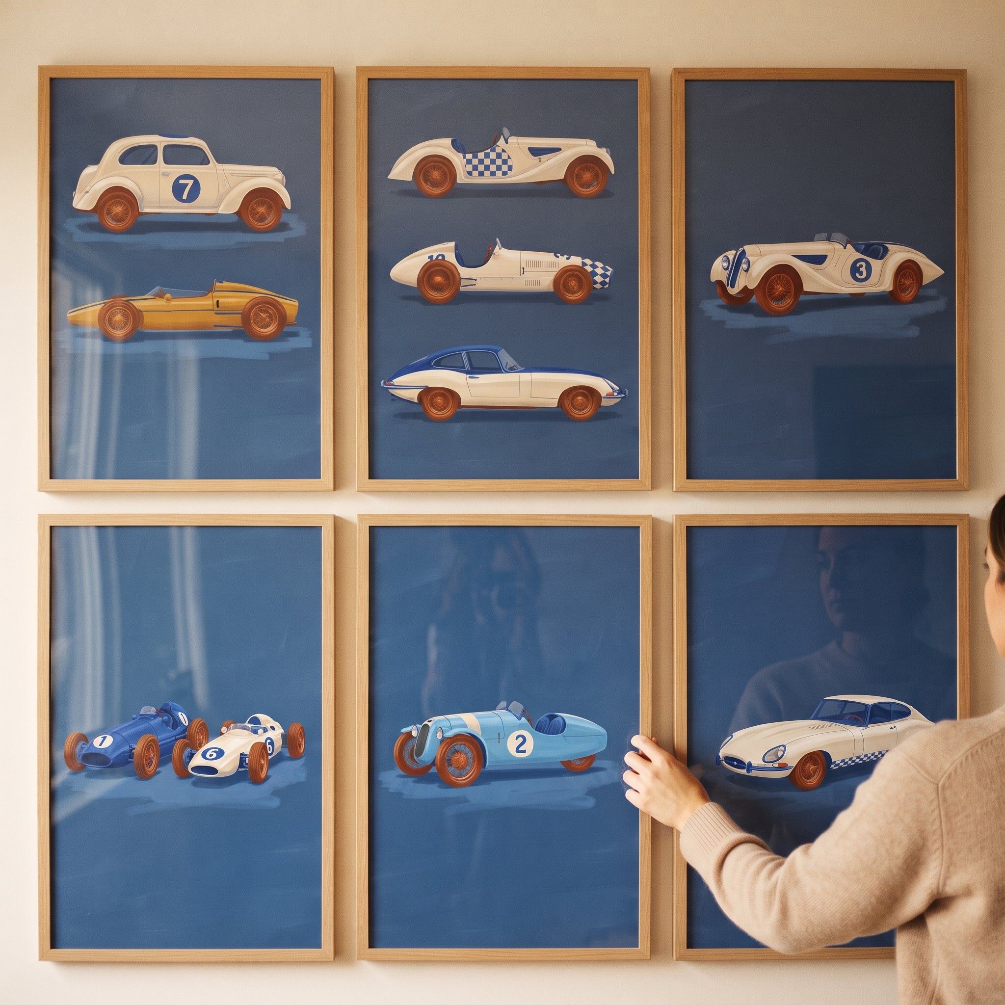 Retro Indigo Racing Car Wall Art Set of 6 - Vintage Speed Collection