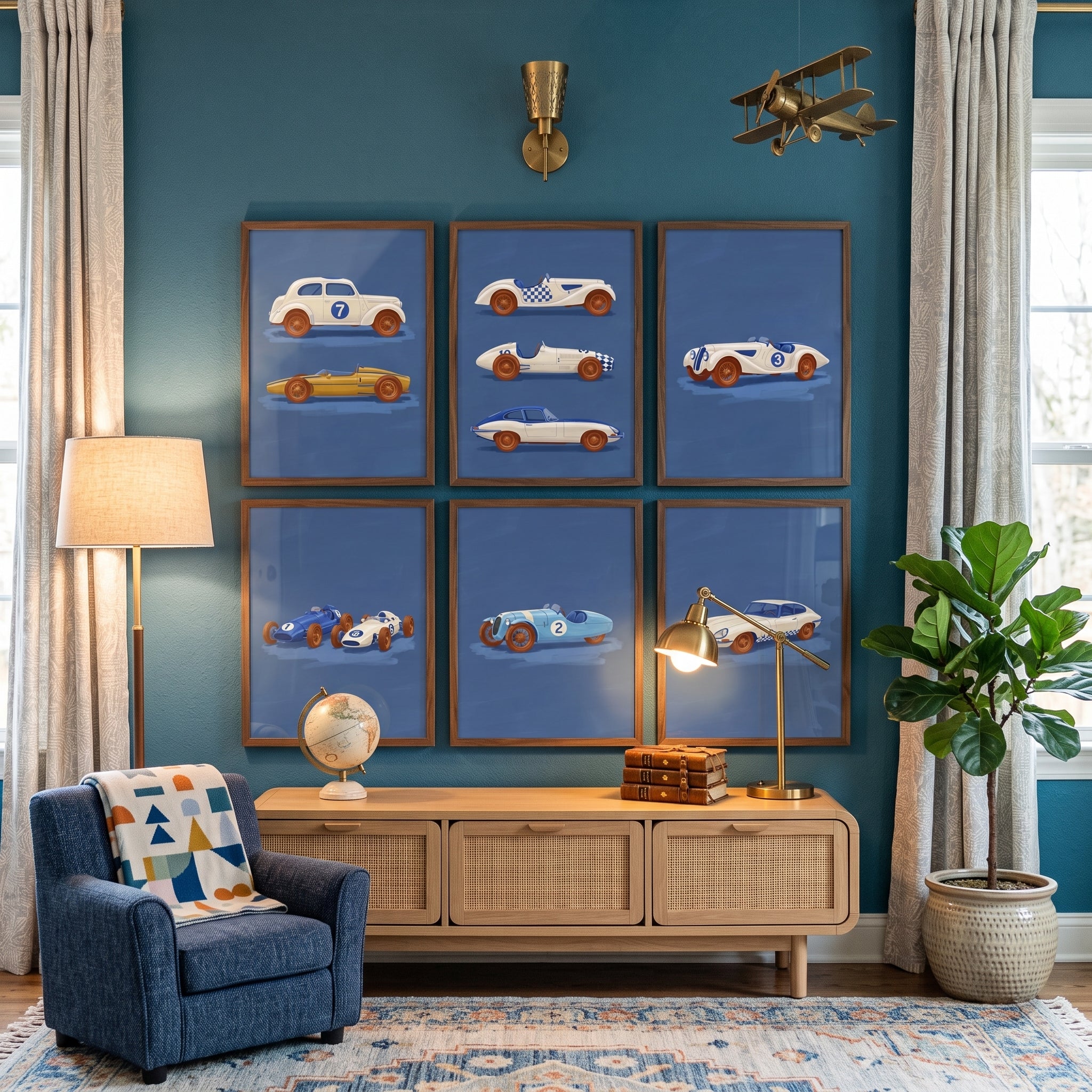 Retro Indigo Racing Car Wall Art Set of 6 - Vintage Speed Collection