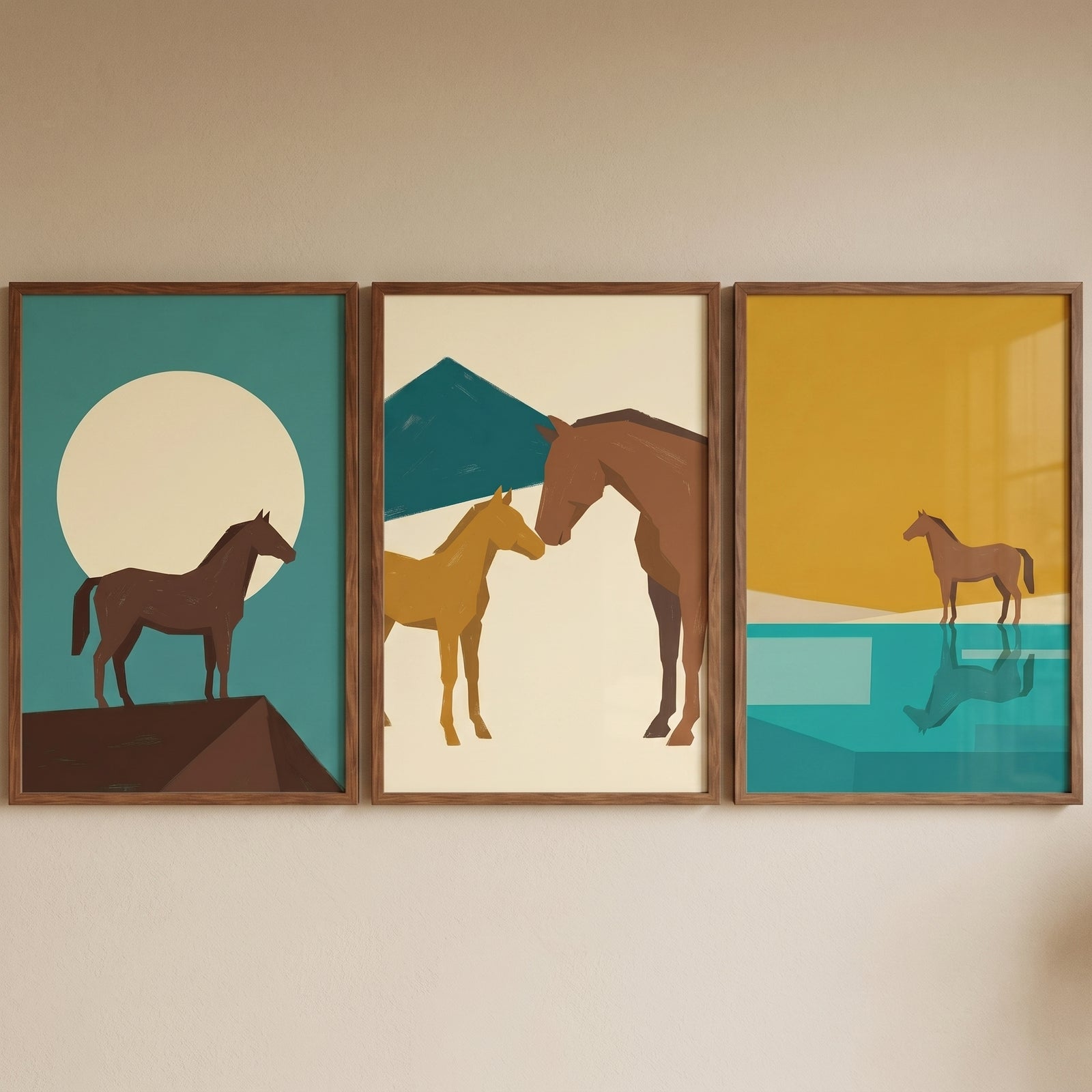 Retro mid century horse wall art set of 3 with minimalist animal illustrations in teal, yellow, and brown landscapes.