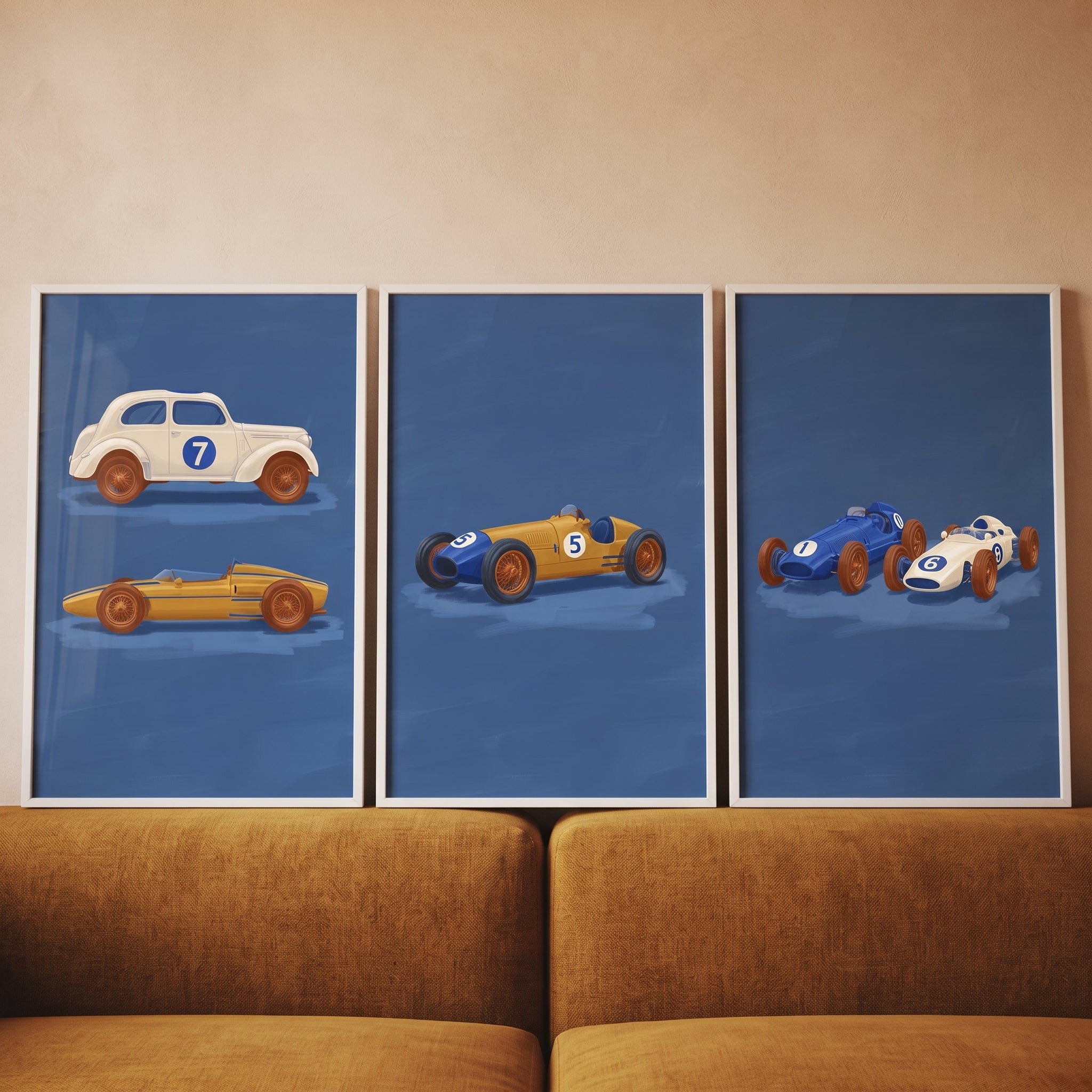 Retro Navy Race Car Wall Art Set of 3 - Vintage Racing Trio