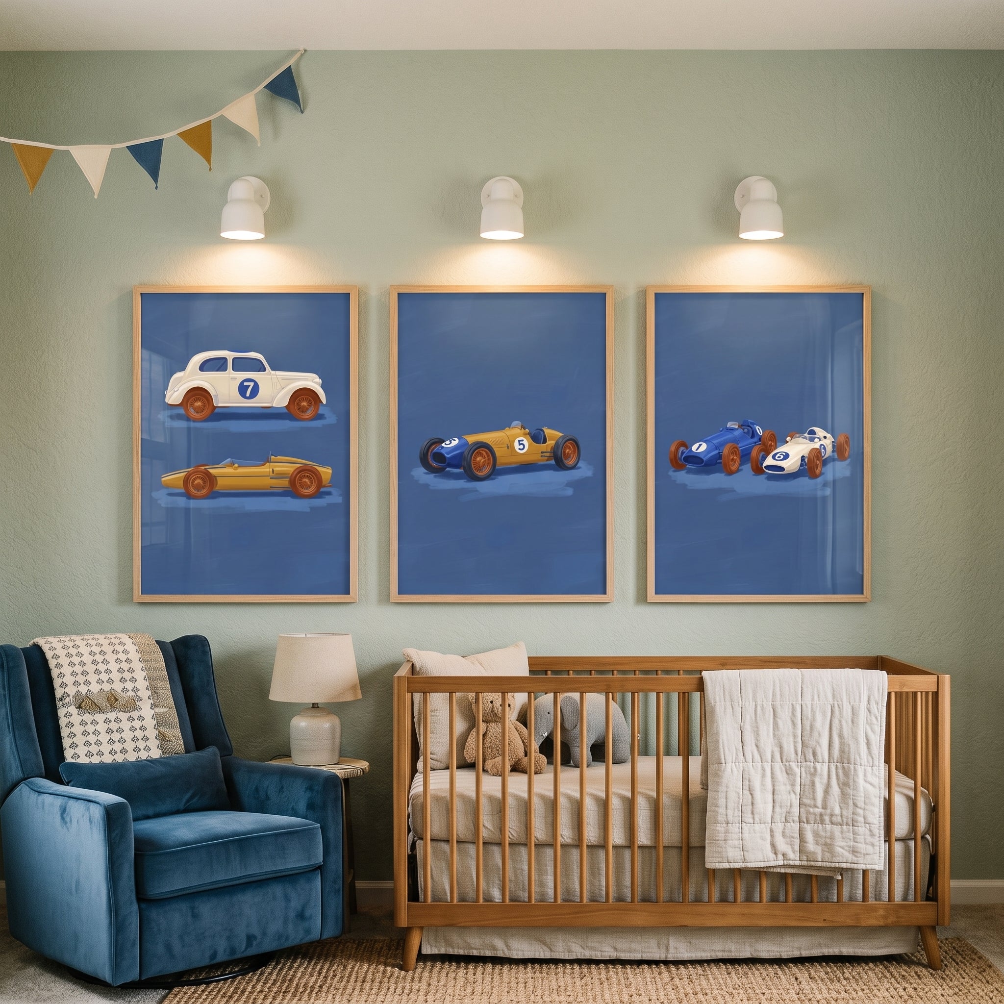 Retro Navy Race Car Wall Art Set of 3 - Vintage Racing Trio
