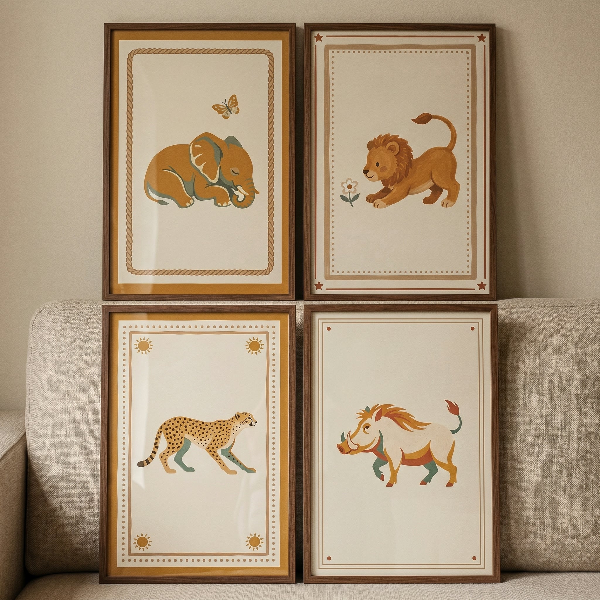 Retro Ochre Safari Animals Wall Art Set of 4 - Savanna Storybook Art