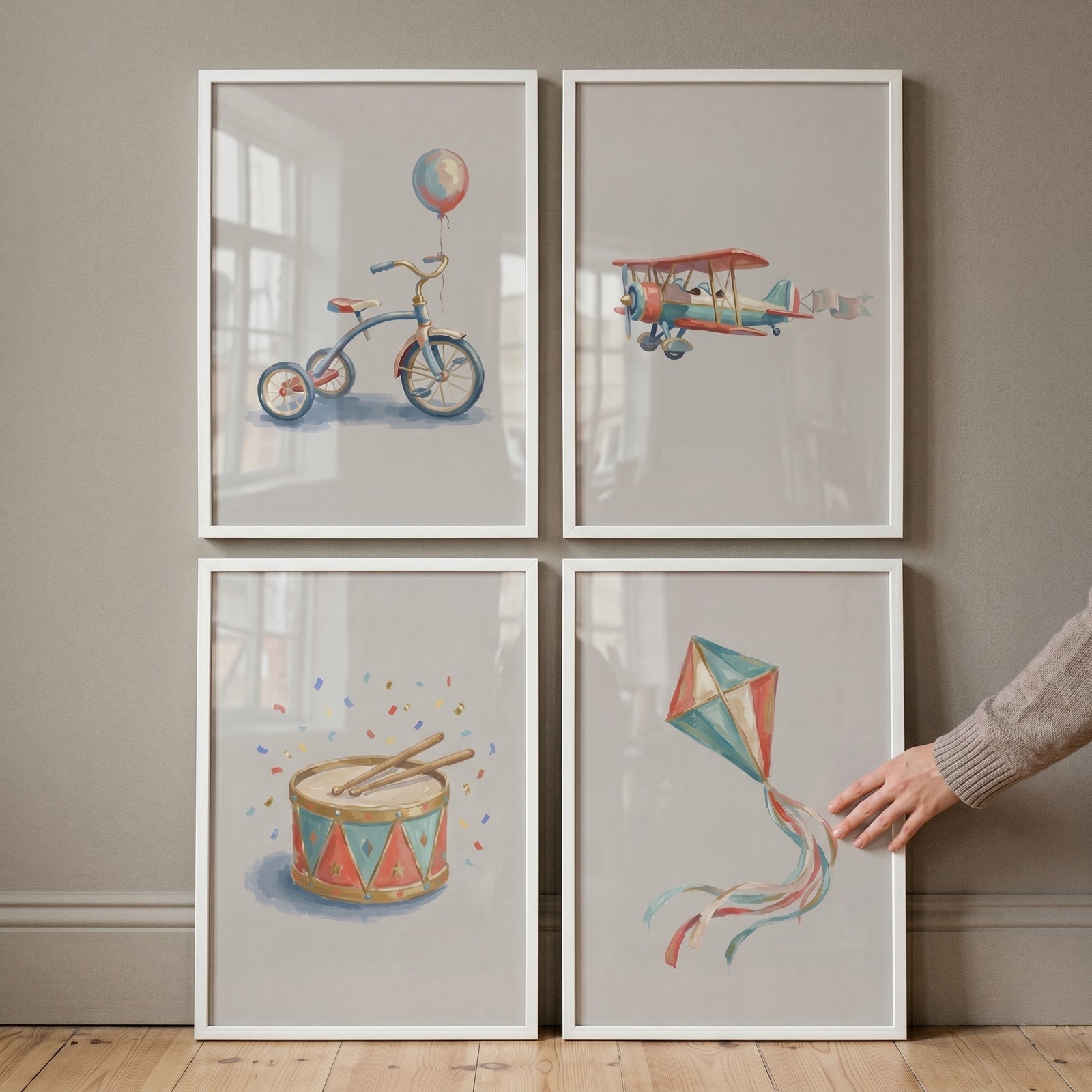 Retro primary toy set wall art set of 4 displays a tricycle, vintage biplane, toy drum, and kite in white frames.