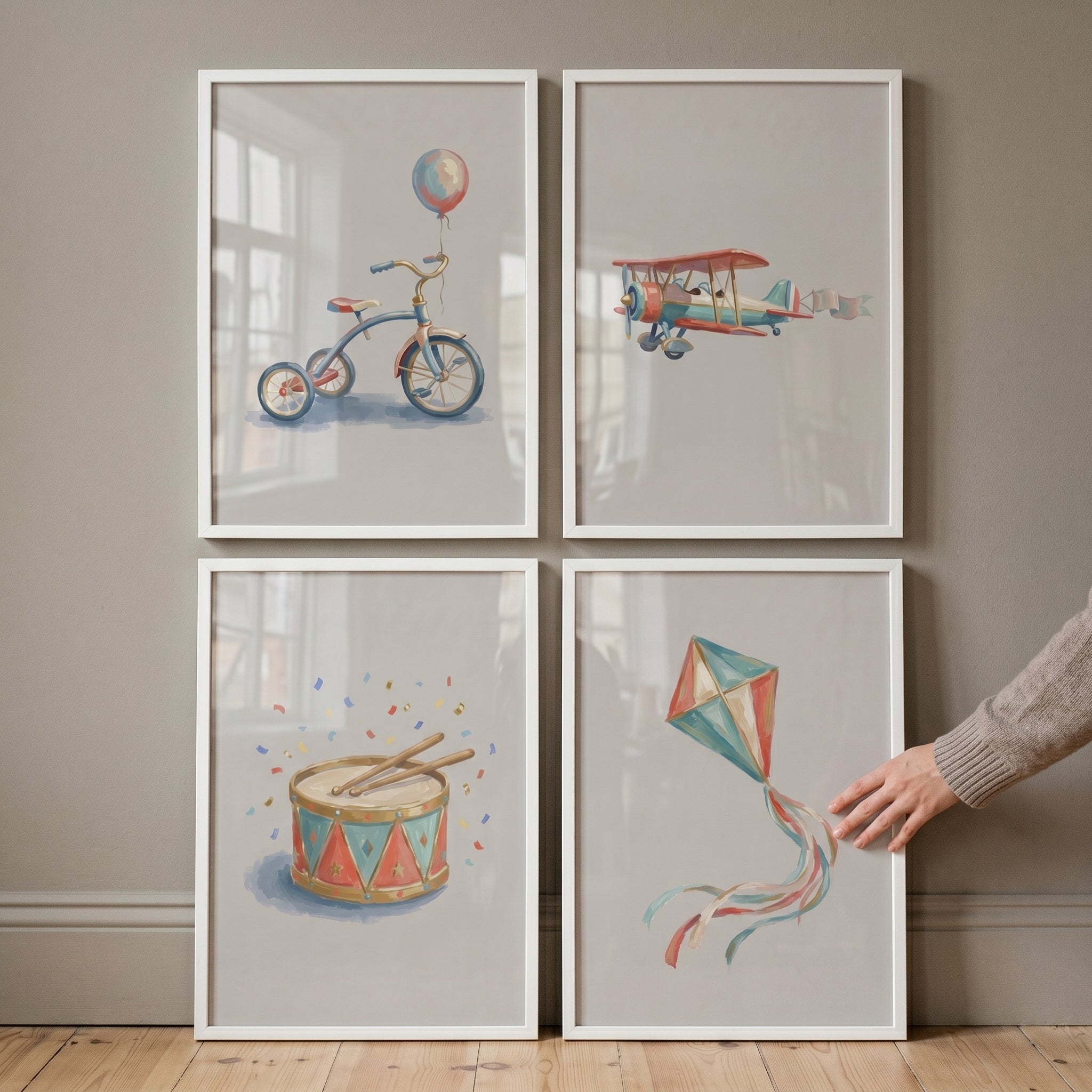 Retro Primary Toy Set Wall Art Set of 4 - Vintage Toy Sketches