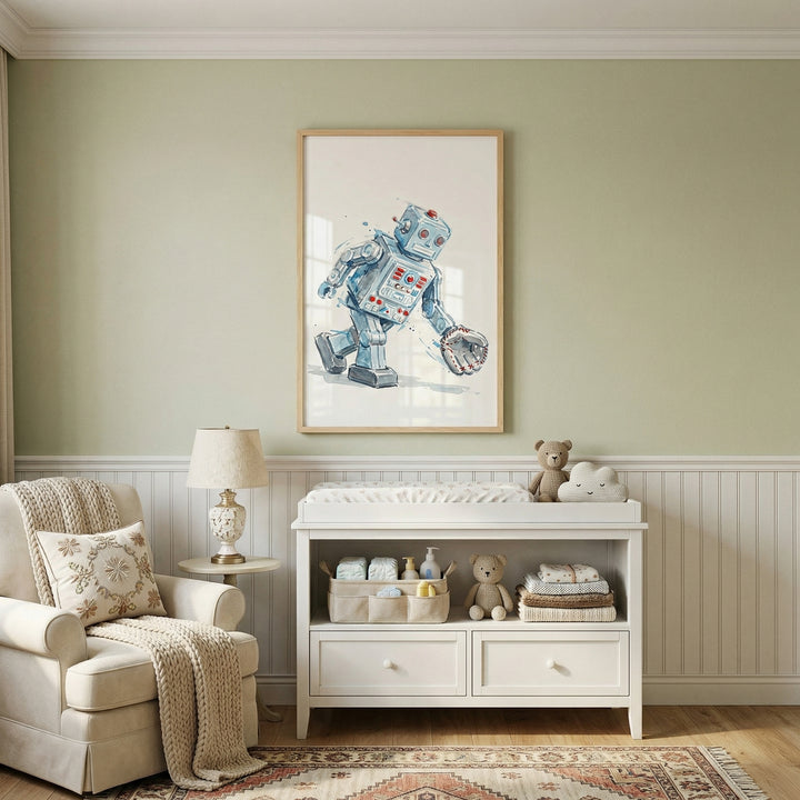 This image features a serene and cozy nursery designed with a soft, muted color palette. The upper half of the wall is a calming sage green, while the lower half is finished with classic white vertical wainscoting and a matching chair rail.
