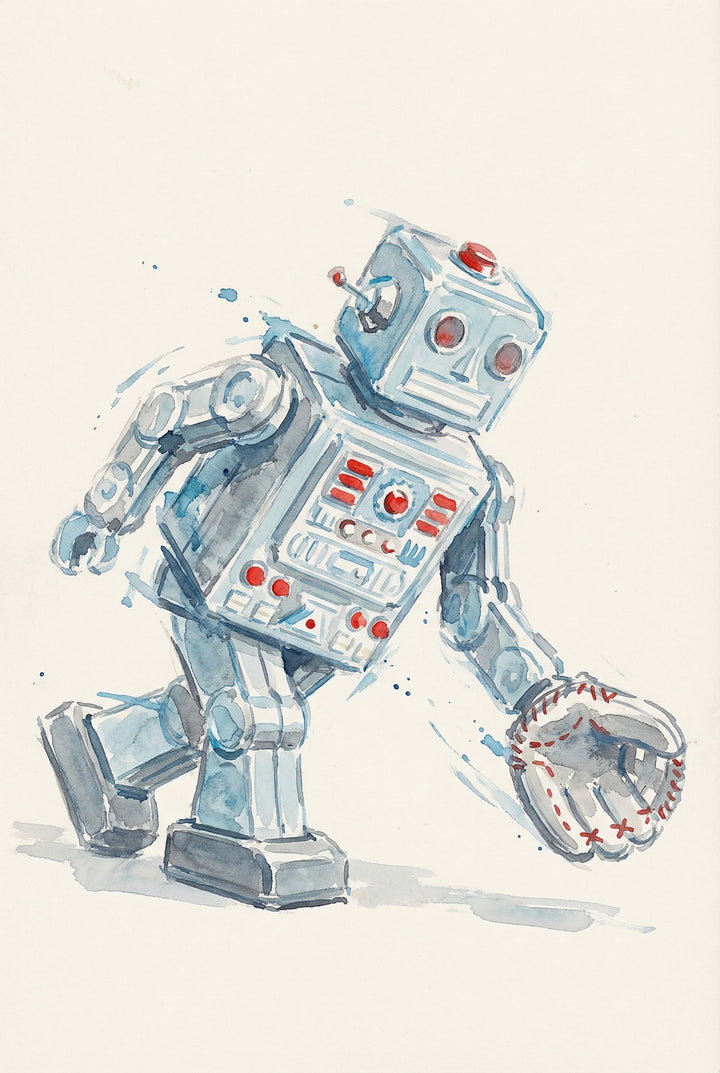  Watercolor illustration of a robot leaning forward as if in motion while holding a baseball glove. Red details on its body and the dynamic pose suggest playful action against a plain background.

