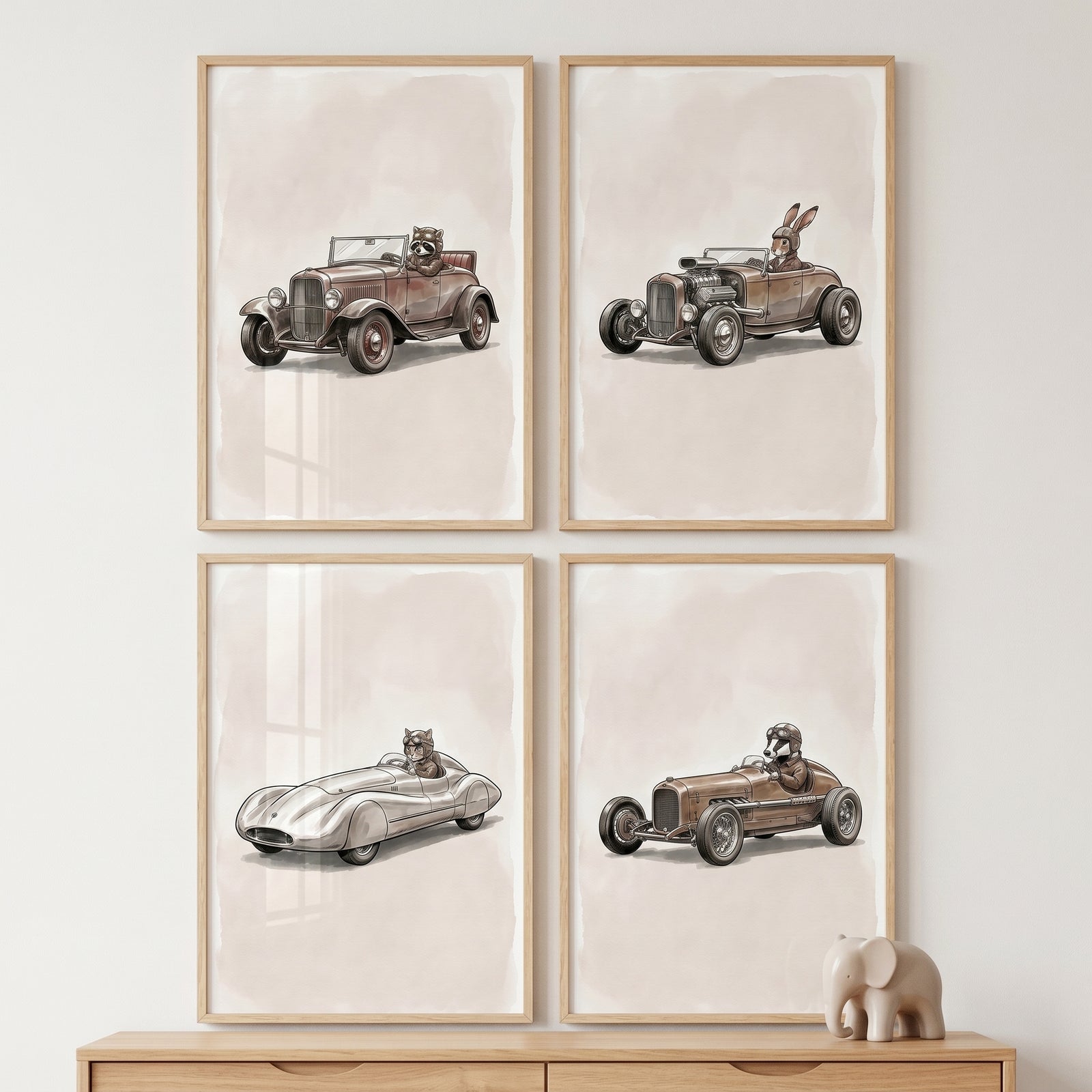 Raccoon, rabbit, cat, and badger in vintage race cars in a retro speedster driving animal wall art set of 4.