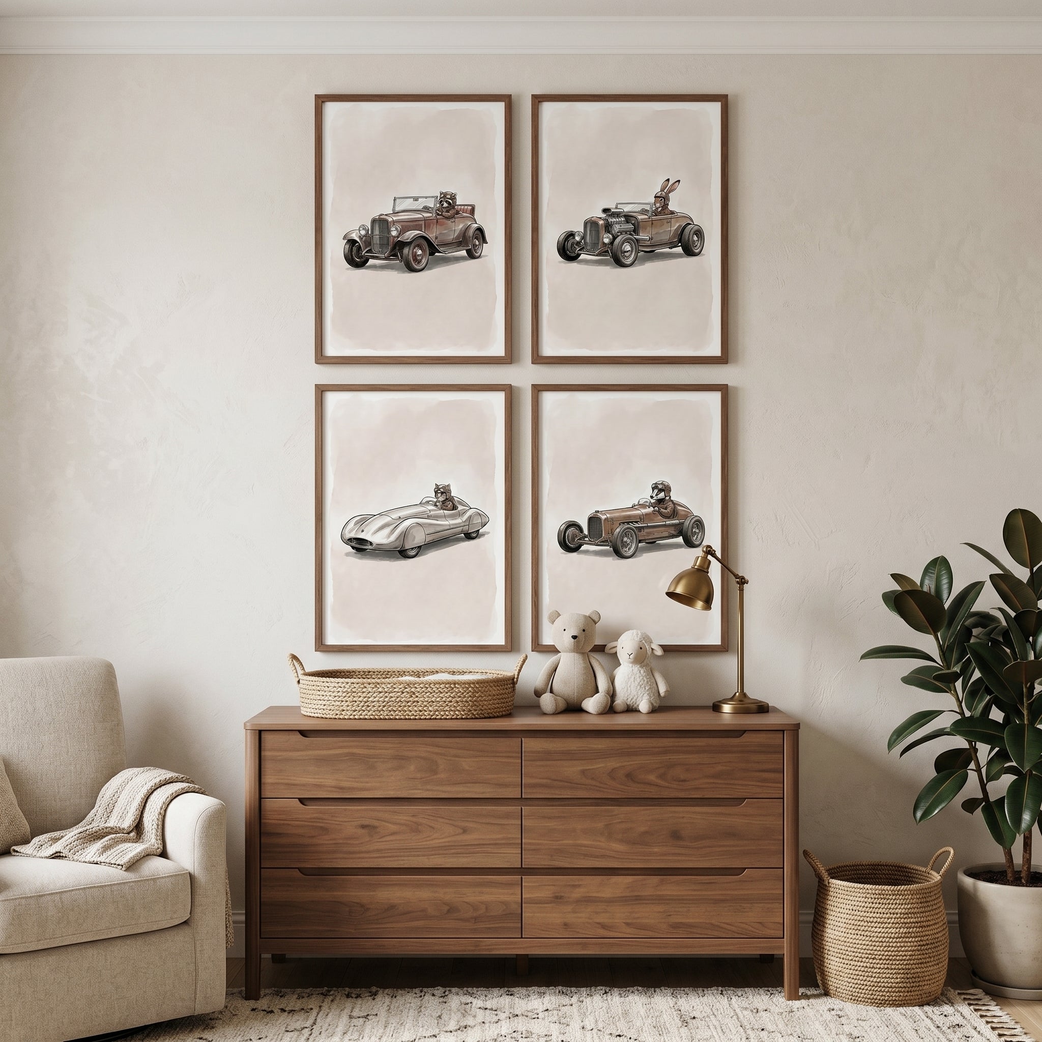 Retro Speedster Driving Animal Wall Art Set of 4 - Classic Animal Drivers