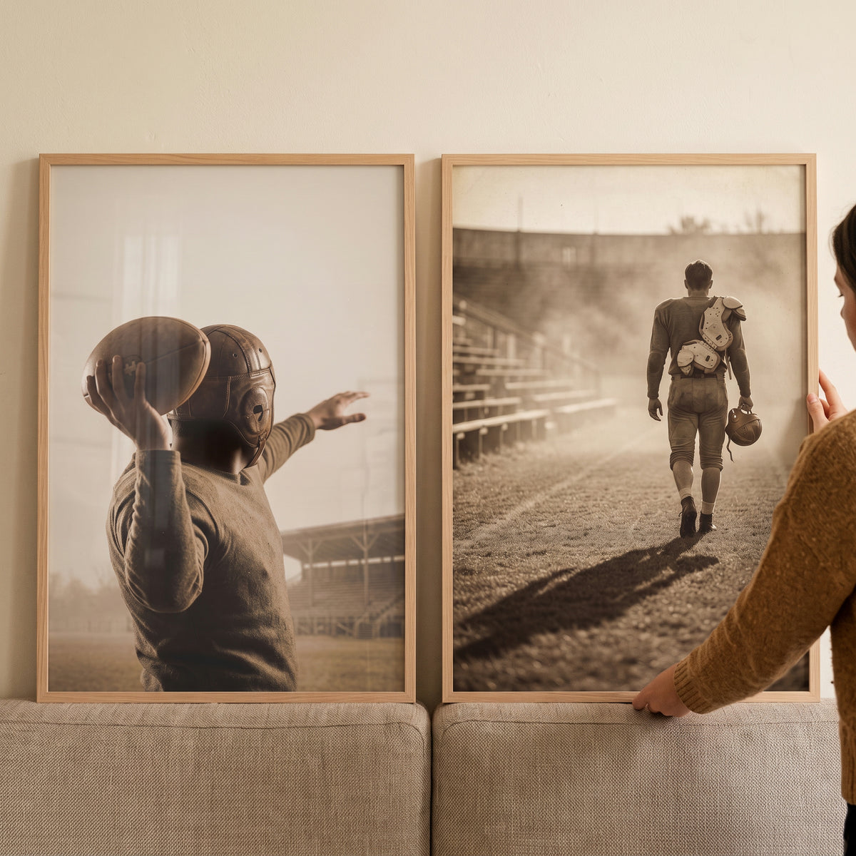 A retro stadium football player sports wall art set of 2 featuring vintage sepia-toned photography of players on a field.