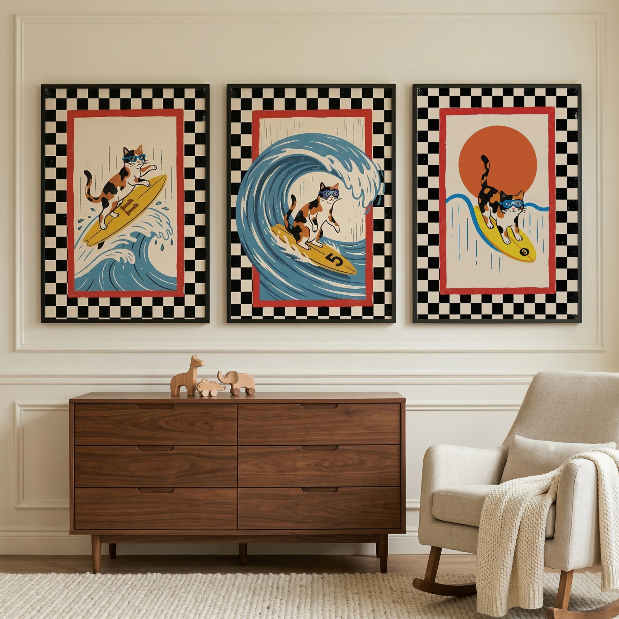 Retro Wave Cat Surfing Wall Art Set of 3 - Retro Surf Kitties