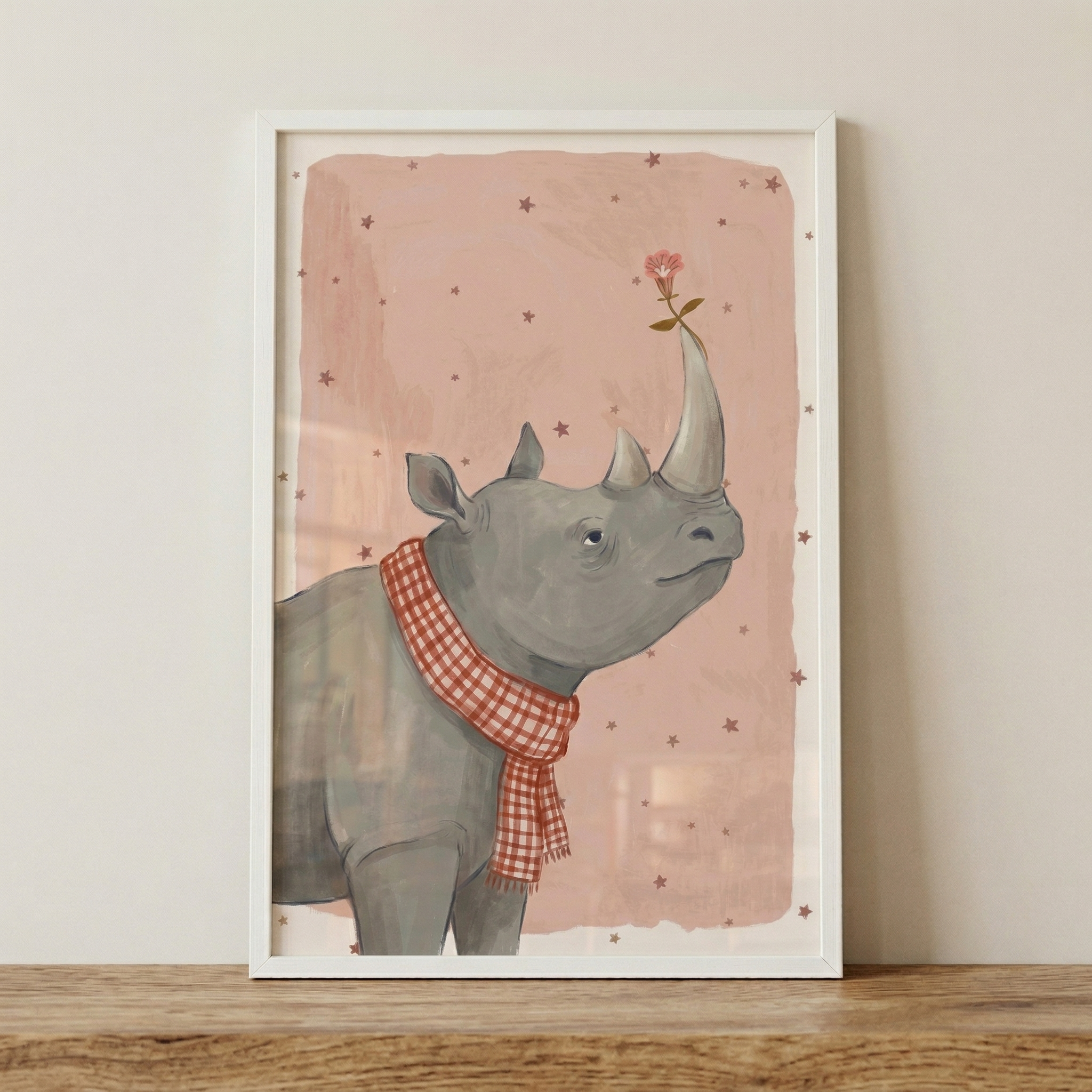 Pink Flower Rhino Wall Art - Gentle Rhino Bloom