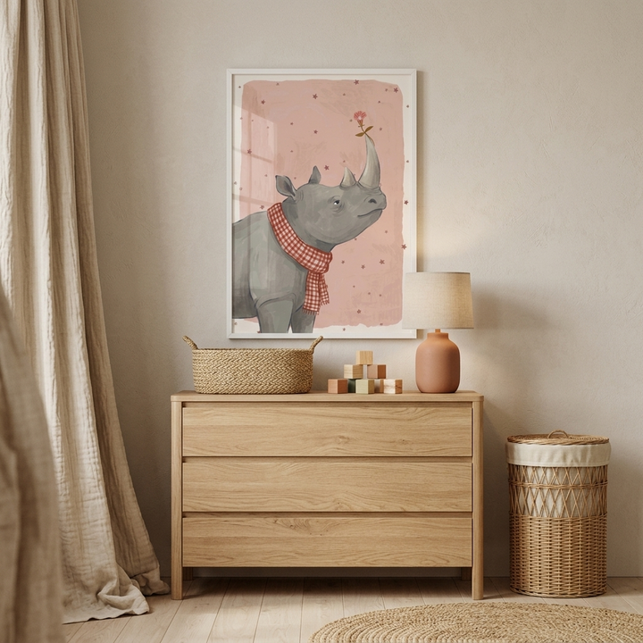 A warm and inviting nursery interior features a light wood three-drawer dresser set against a soft beige wall. Centered above the dresser is a framed illustration of a friendly rhinoceros wearing a red and white checkered scarf, with a small pink flower balanced on its horn and a star-speckled pink background. On the dresser's top surface are a small woven basket, a set of natural wooden blocks, and a lamp with a rounded terracotta base and a simple beige shade. 