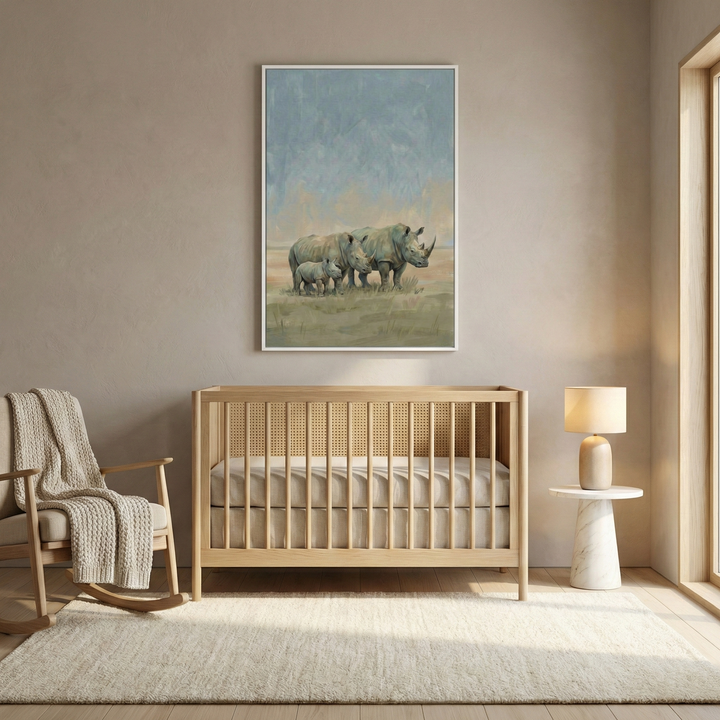 A serene nursery room features neutral tones and a minimalist aesthetic. Centered on the beige wall is a large, vertically framed piece of artwork depicting three rhinoceroses—an adult, a juvenile, and a small calf—traversing a grassy landscape under a hazy blue and cream sky. Below the illustration is a light-toned wooden crib with vertical slats and a simple design. To the left, a wooden rocking chair is draped with a chunky, cream-colored knit blanket. To the right of the crib, a small, white marble-styl
