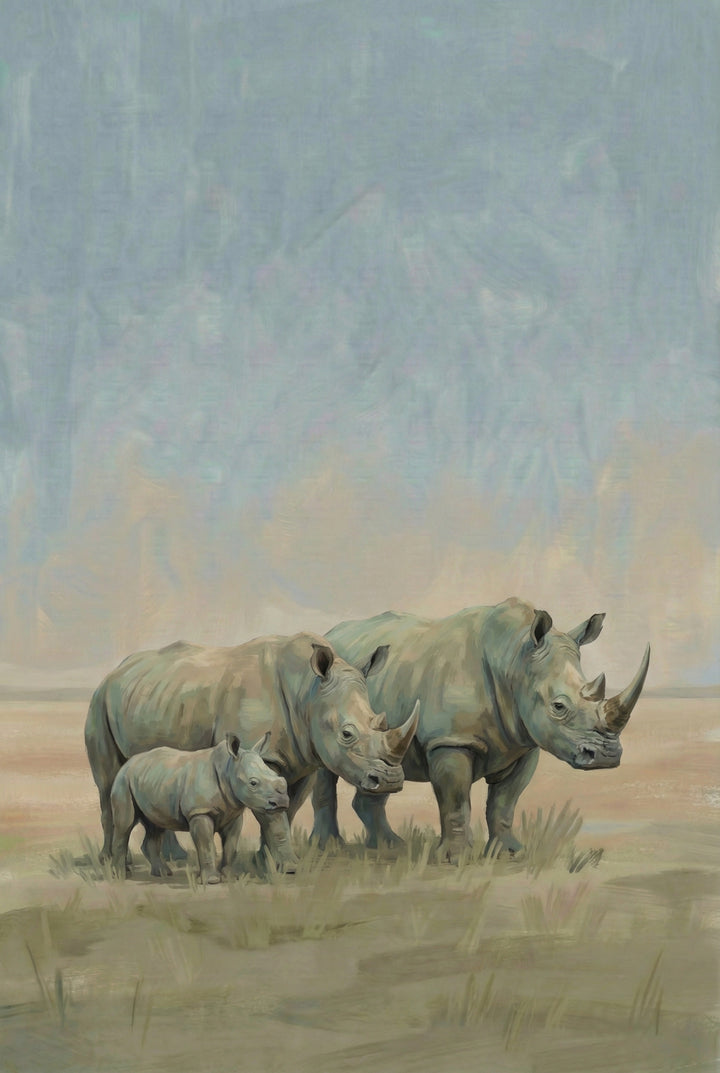 Painting of three rhinoceroses—a baby and two adults—walking side by side across a dry, grassy plain under a pale, textured blue sky.