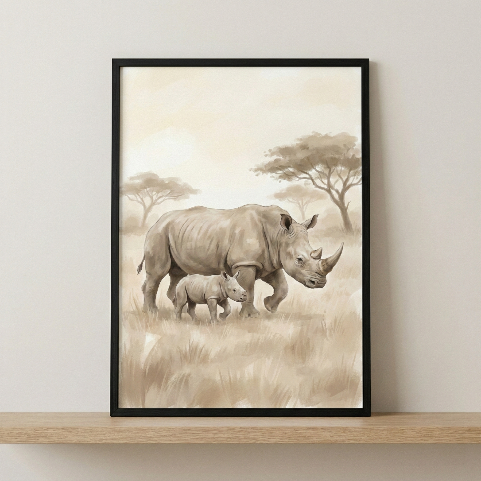 A vertical, framed artwork featuring a large rhinoceros walking beside its small calf in a savanna setting. The illustration uses a soft, watercolor-like style with a monochromatic color palette of warm beige, tan, and brown tones. Sparse, flat-topped trees are visible in the background against a light, misty sky, while tall, wispy grass covers the foreground. The piece is housed in a slim black frame and is displayed resting on a light-toned wooden shelf against a plain, neutral-colored wall.