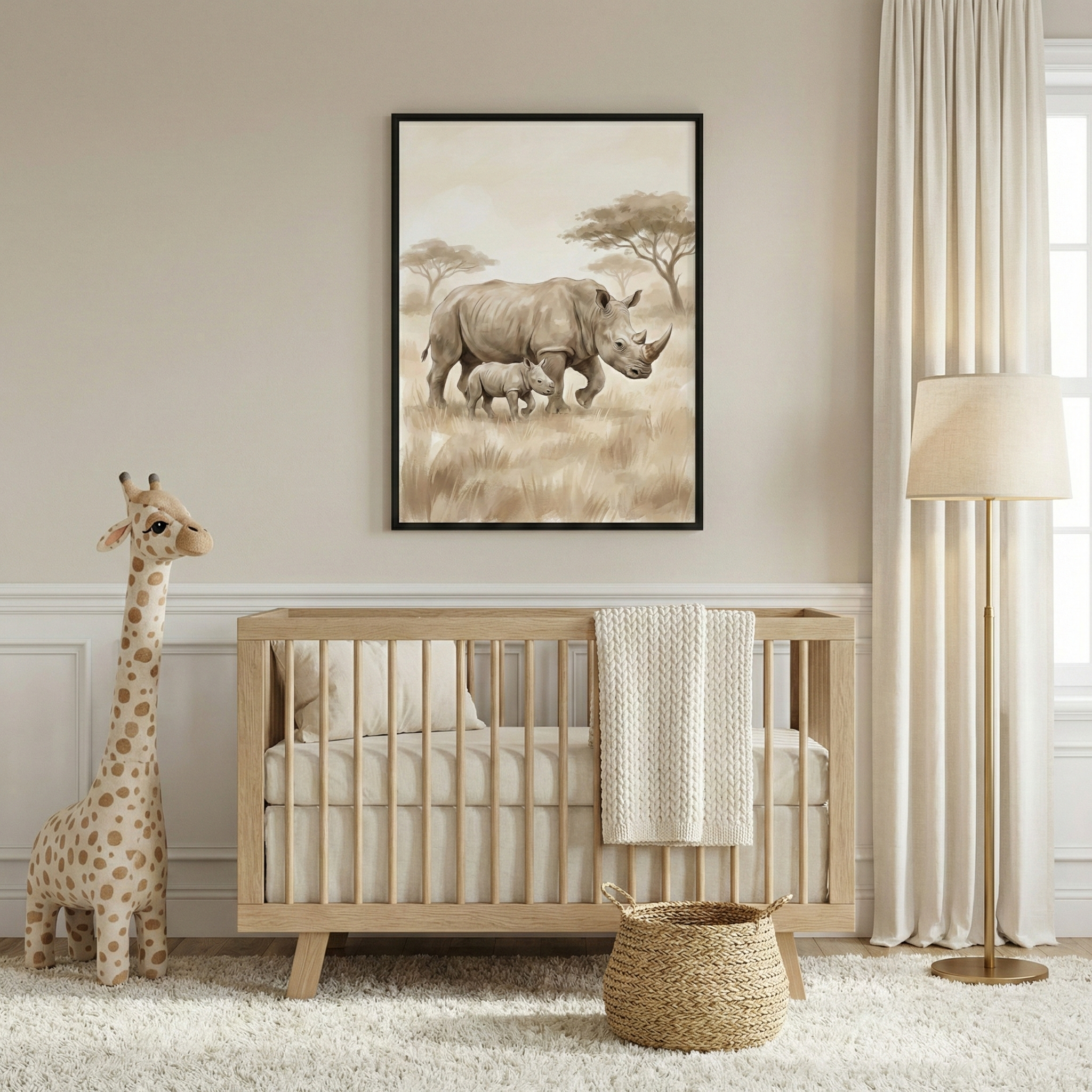 A serene, neutrally-toned nursery features a light wood crib centered against a beige wall with classic white wainscoting. Hanging above the crib is a large, black-framed illustration depicting a mother rhinoceros and her calf walking through a savanna landscape with sparse trees. To the left of the crib stands a tall, plush giraffe toy. On the right, a slender floor lamp with a gold-toned base and a simple cream shade stands beside long, off-white curtains.