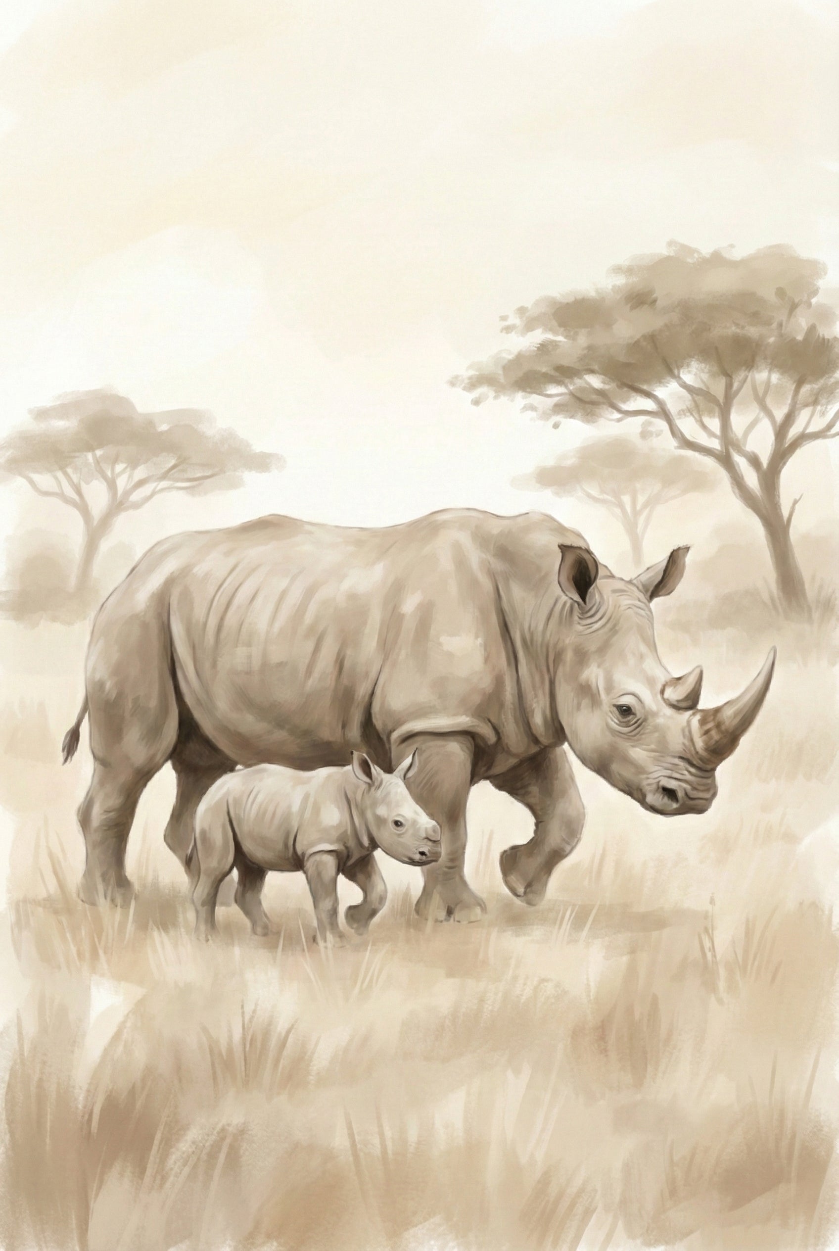 Sepia watercolor illustration of a rhinoceros walking alongside her calf in a soft savanna setting with muted beige grasses and acacia trees.
