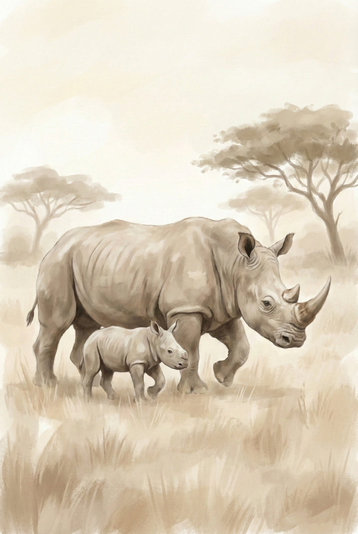 Sepia watercolor illustration of a rhinoceros walking alongside her calf in a soft savanna setting with muted beige grasses and acacia trees.
