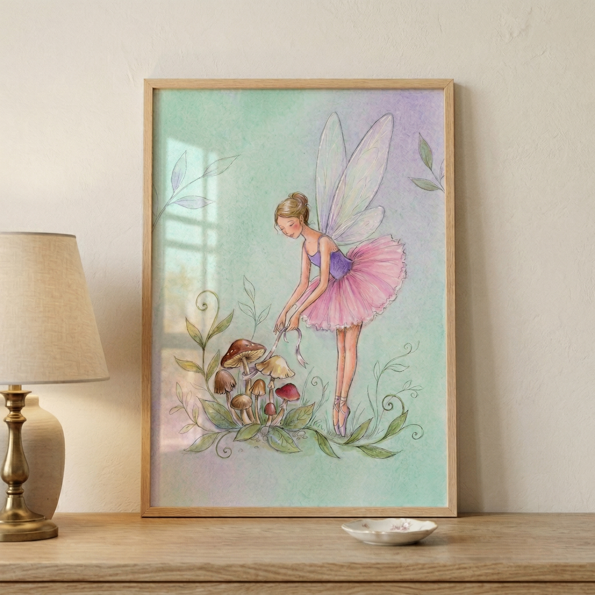 Ribbon Tie Mushroom Fairy Wall Art - Whimsical Forest Ballerina