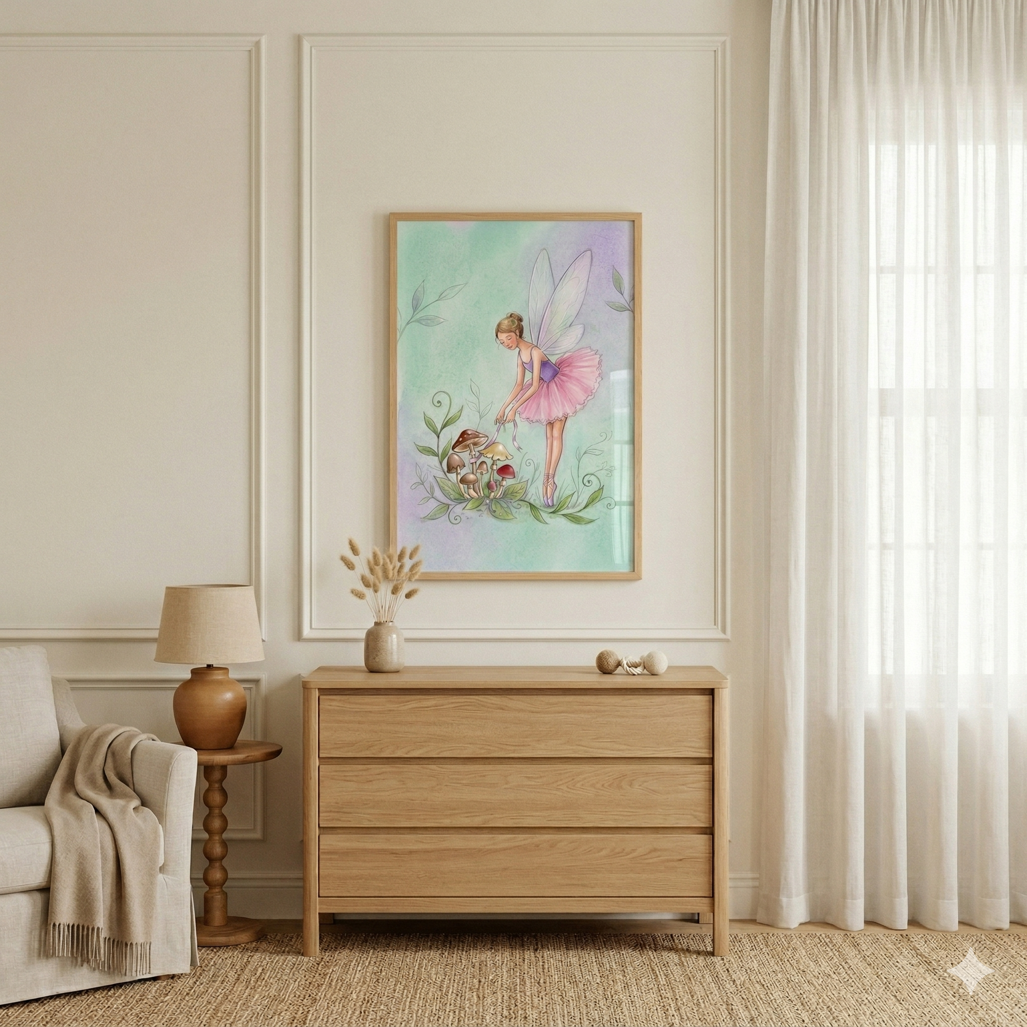 A light-filled room features a piece of whimsical art on a wall with decorative molding. The illustration depicts a fairy with large, translucent wings wearing a pink tutu, interacting with a cluster of mushrooms and greenery against a pastel background. Below the art is a three-drawer wooden dresser. To the left, a small round wooden table holds a classic lamp, next to a neutral-toned armchair with a draped throw. Large windows with sheer white curtains let in light, and a woven rug covers the floor.