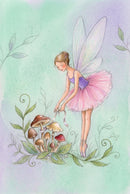 Soft watercolor illustration of a tiny fairy with translucent wings, a purple bodice, and a pink tutu standing on pointe beside a cluster of woodland mushrooms. She bends gently to tie a ribbon around the stems while soft green vines and a pale mint and lavender background give the scene a quiet magical feel.
