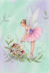 Soft watercolor illustration of a tiny fairy with translucent wings, a purple bodice, and a pink tutu standing on pointe beside a cluster of woodland mushrooms. She bends gently to tie a ribbon around the stems while soft green vines and a pale mint and lavender background give the scene a quiet magical feel.
