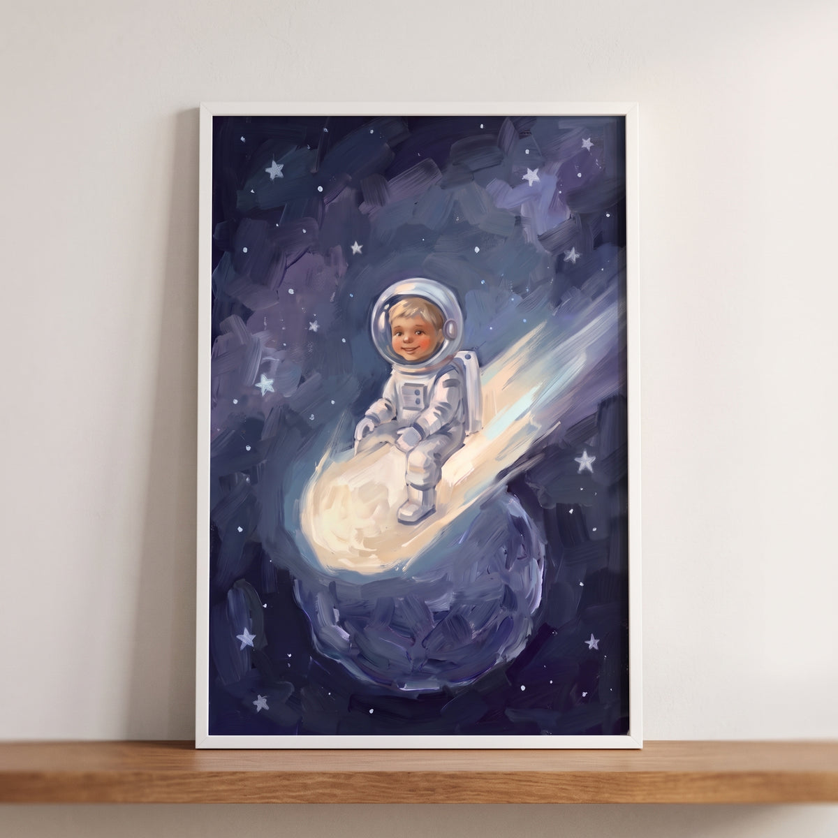 A child in a spacesuit sits on a glowing comet above a moon in this riding comet baby astronaut wall art.
