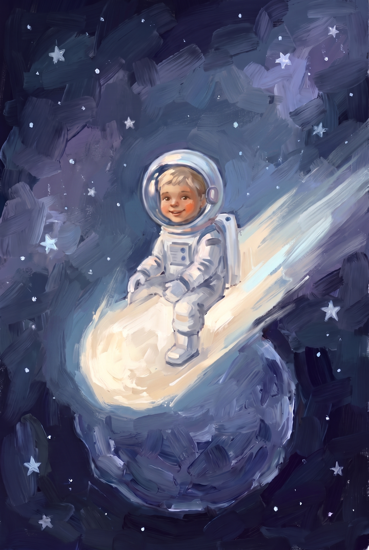A child in a spacesuit sits on a glowing celestial trail, riding comet baby astronaut wall art.