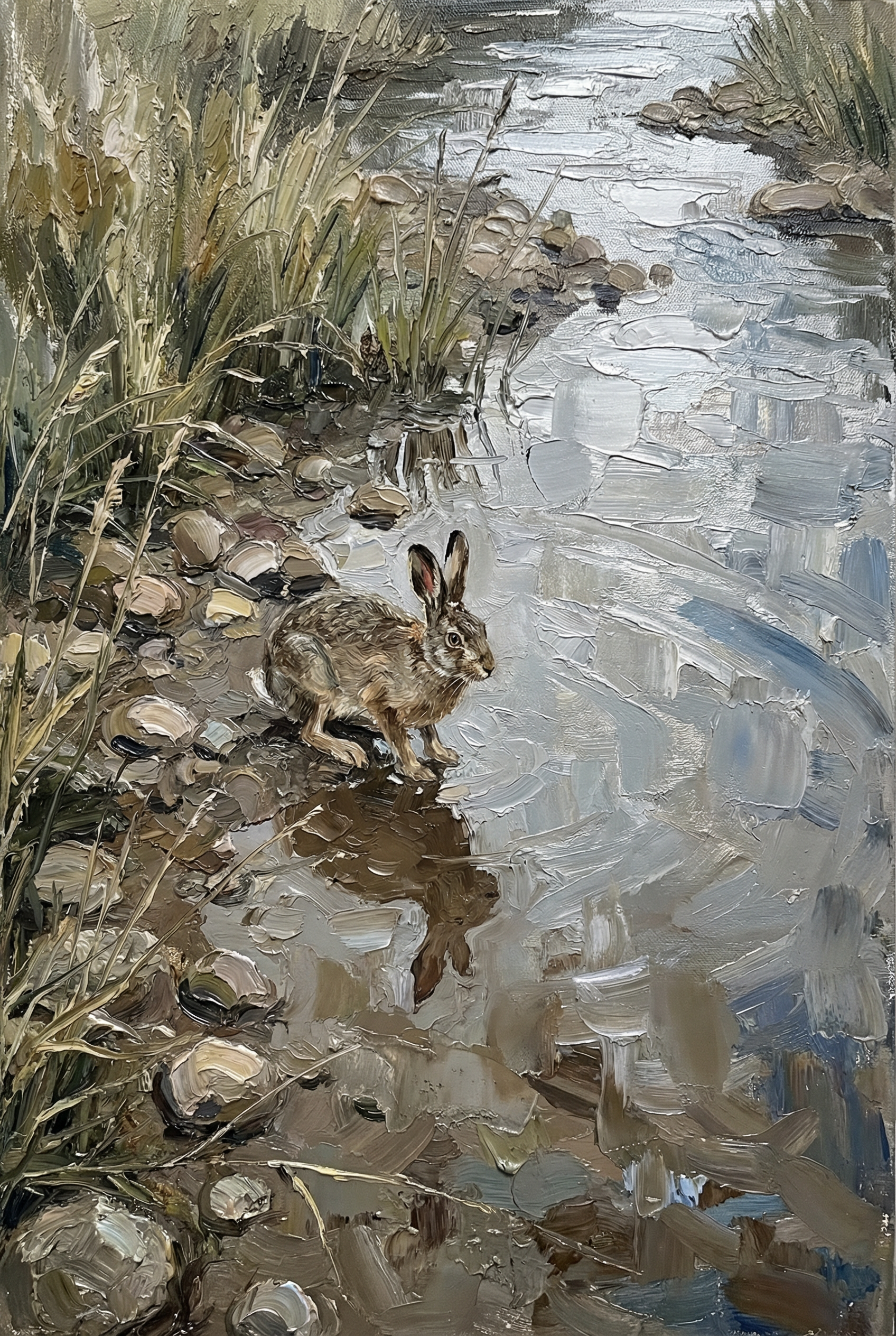Riverside Sitting Brown Hare Wall Art - Quiet Riverbank Hare
