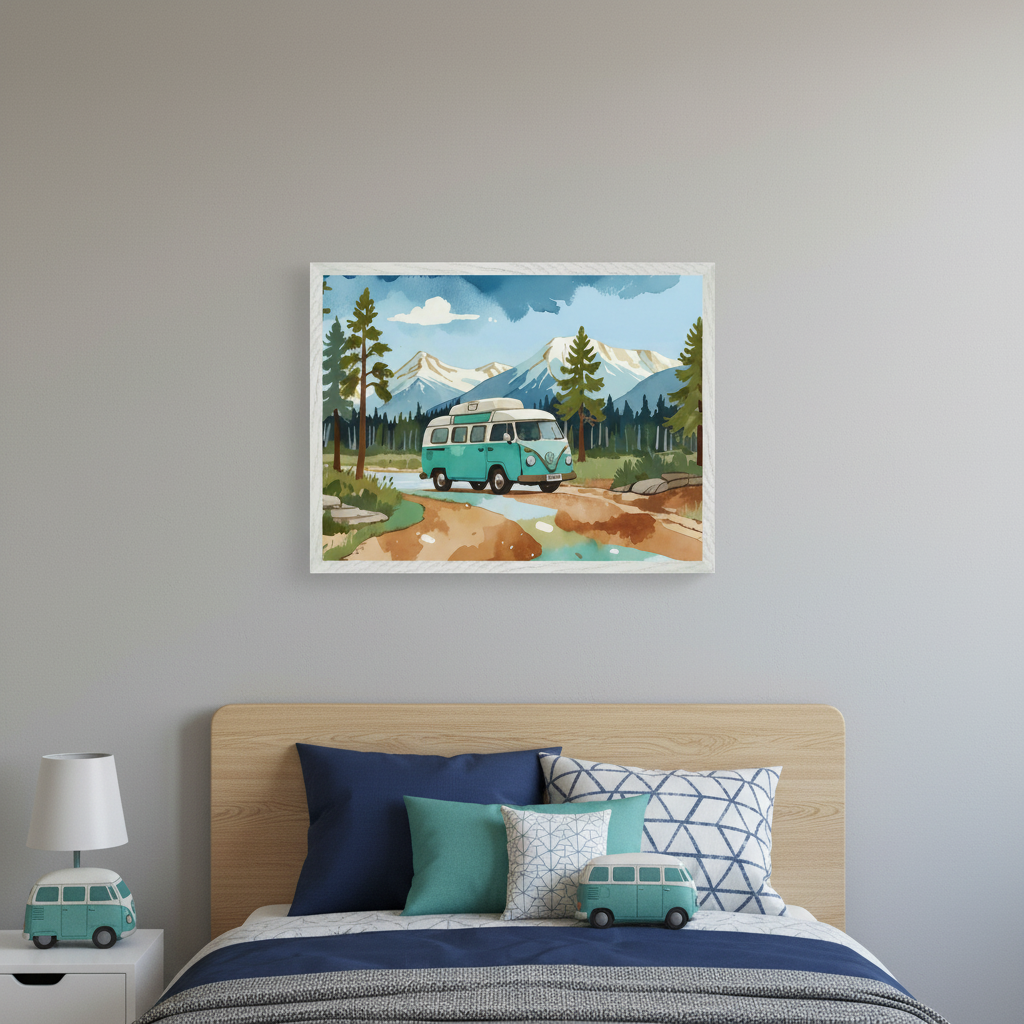 Kid's bedroom with a wooden bed and blue bedding. A framed watercolor painting of a teal camper van on a dirt road with trees and snowy mountains hangs above the bed. A white nightstand with a lamp and camper van decor is to the left.