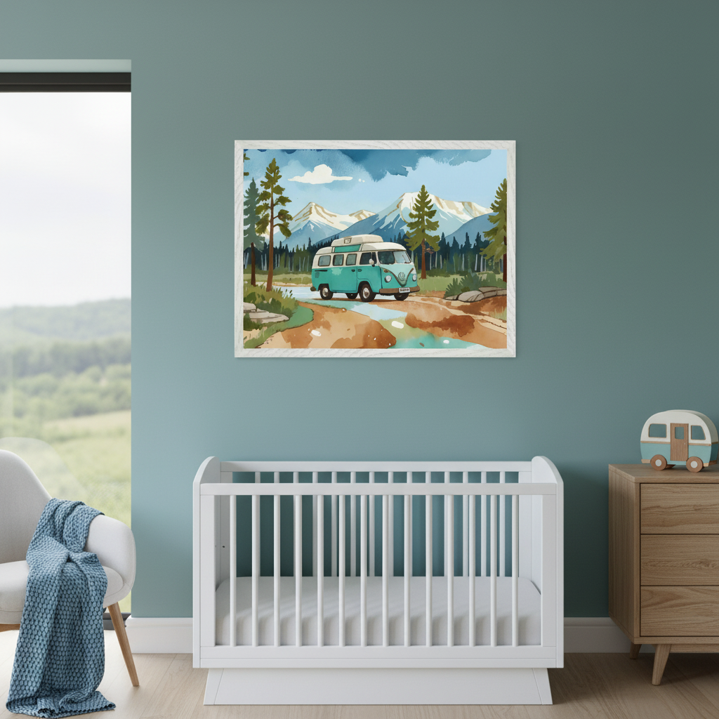 Modern nursery with a white crib, wooden dresser, and armchair. A blue blanket drapes the armchair. Above the crib on a teal wall, a framed watercolor print features a turquoise camper van on a dirt road with pine trees and mountains.