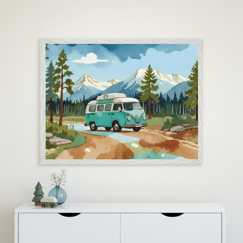 Modern room with a white dresser. A large framed watercolor painting of a teal vintage camper van in a mountain and forest landscape hangs centered above the dresser. Decorative items, including a toy camper, are on the dresser.