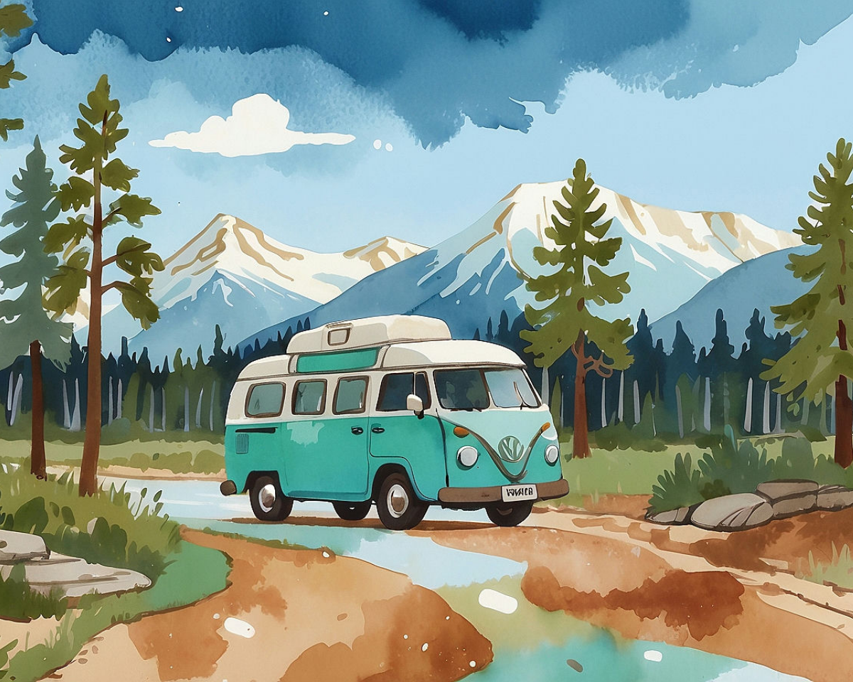 A vintage teal van travels along a dirt road through a scenic landscape, surrounded by tall pine trees and a flowing stream. Snow-capped mountains rise majestically in the background under a partly cloudy sky.