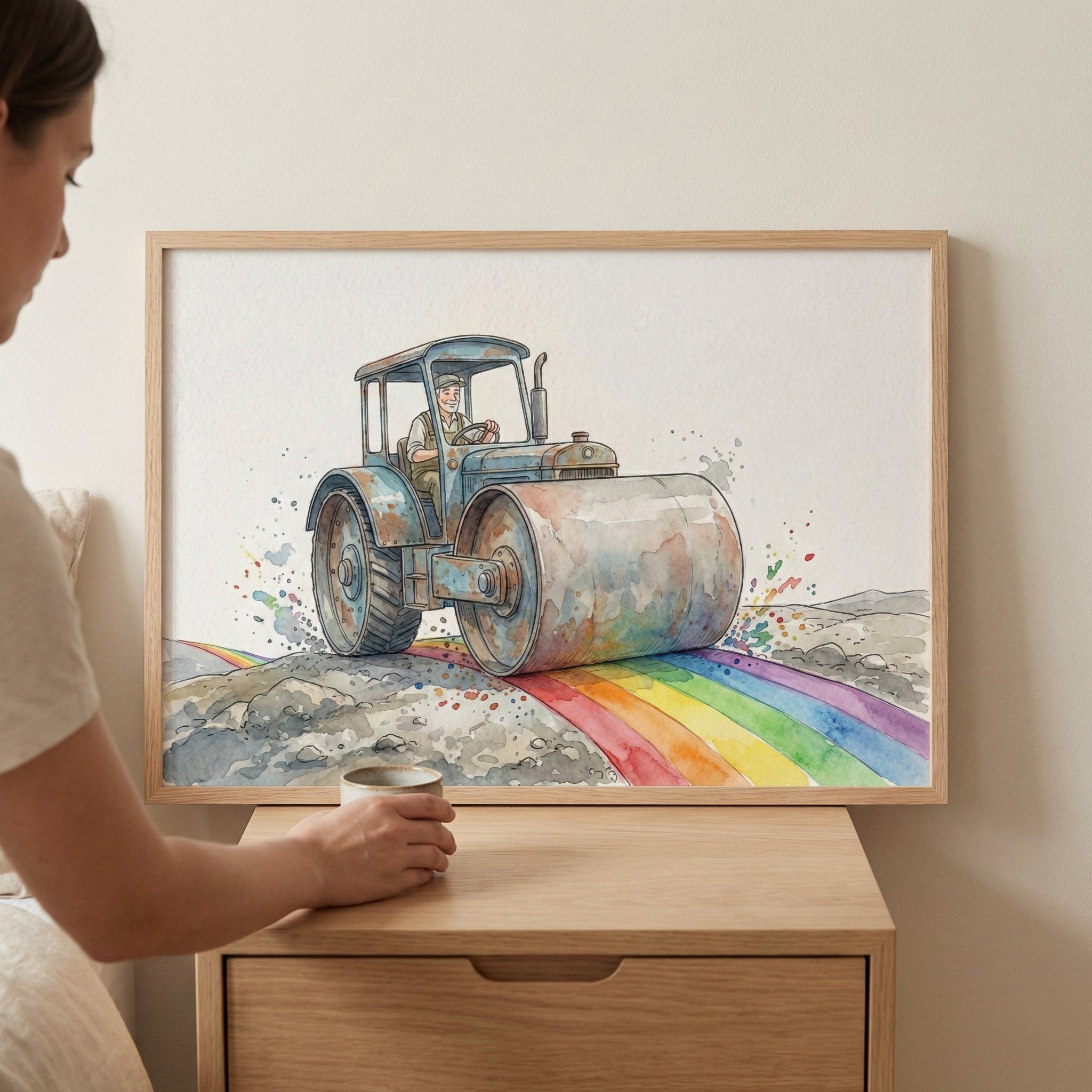 A framed watercolor painting shows a cheerful man driving a blue road roller that flattens a rocky path into a vibrant rainbow road. A person sets down a mug beside the artwork, adding a cozy, personal touch to the scene.