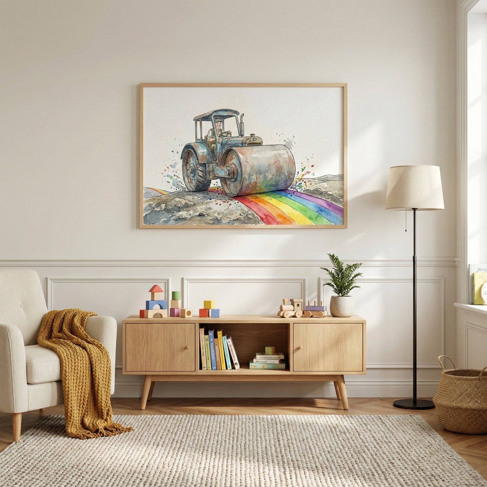 A bright and welcoming living room features a large framed painting of a happy man driving a road roller, paving a rainbow across rough ground. The colorful artwork hangs above a wooden console with children’s toys and books, adding a playful vibe to the space.