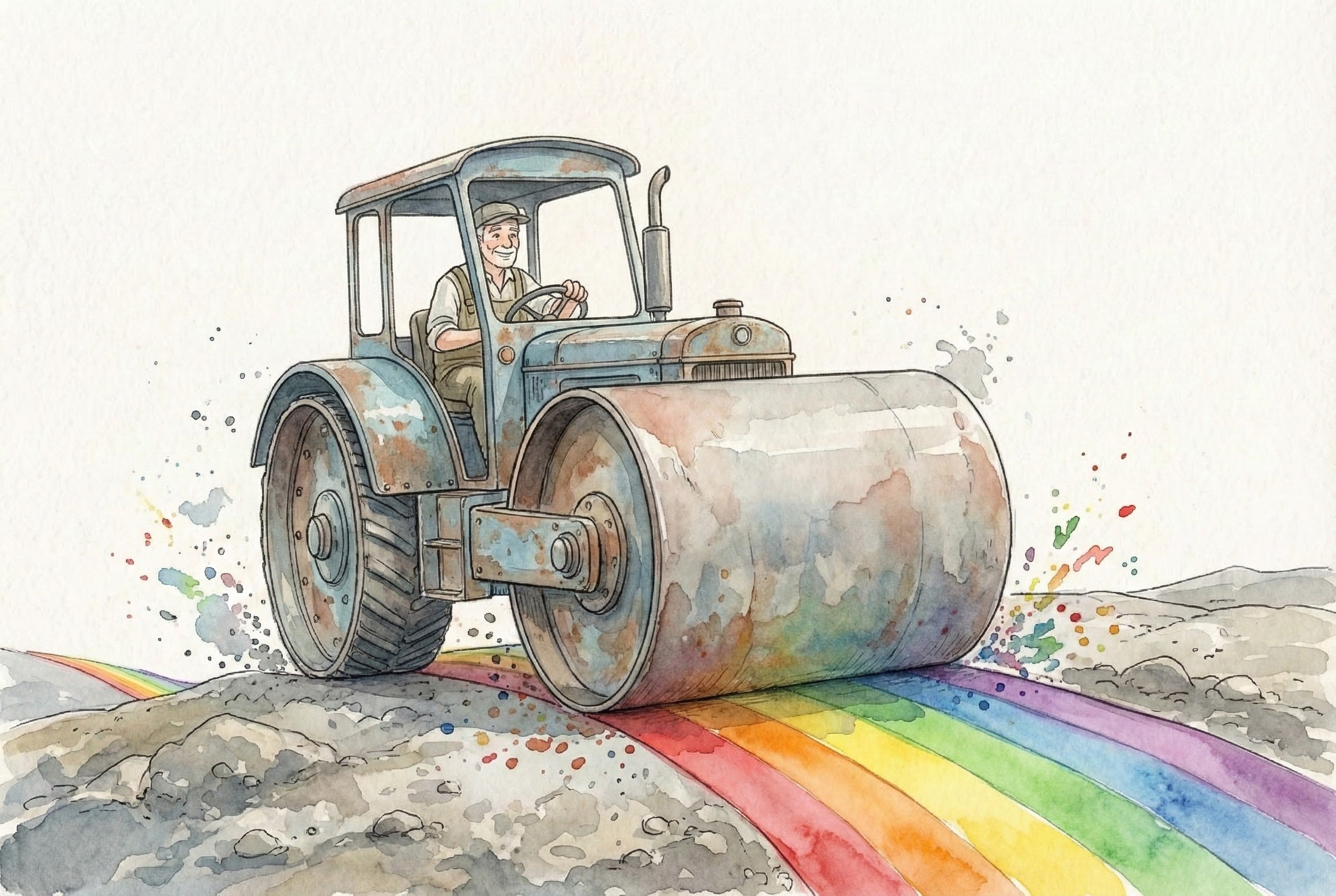Watercolor illustration of a cheerful man driving a vintage blue road roller that paves a vibrant rainbow path over a dull, gray road. Colorful splashes trail behind, blending industrial work with a burst of joyful creativity.