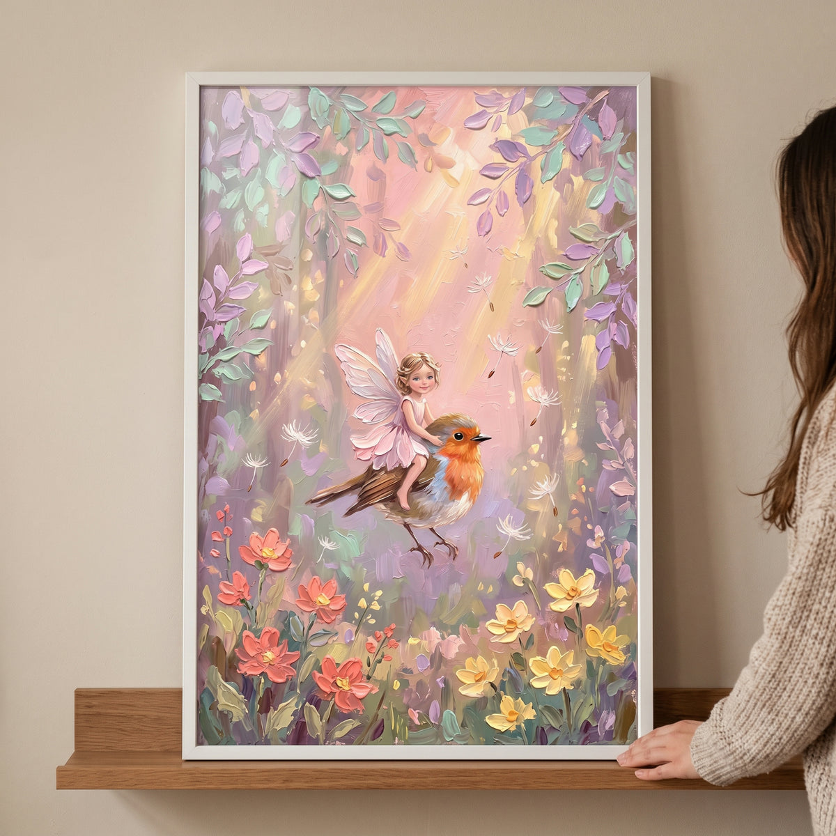 A person holds a framed robin riding woodland fairy wall art piece featuring a sprite on a bird among pastel flowers.
