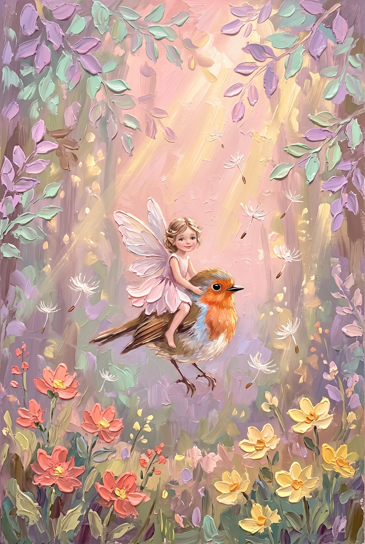 Textured robin riding woodland fairy wall art depicts a sprite on a bird in a sunlit forest with flowers and floating seeds.