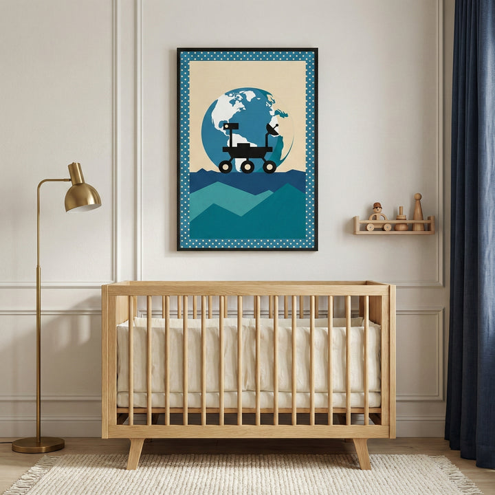 A minimalist, modern nursery features a light-toned wooden crib centered against an off-white wall with elegant molding. Above the crib, a framed piece of artwork displays a stylized space scene with a black exploration rover on a blue, geometric landscape, set against a large blue and white planet and framed with a blue polka-dot border. To the left, a tall brass-colored floor lamp with a curved arm stands on a textured cream rug. To the right of the artwork, a small wooden wall shelf holds several simple 
