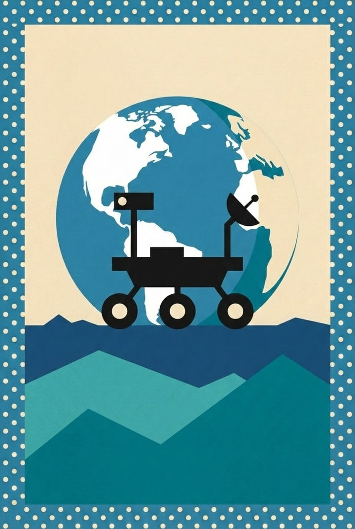 A black space rover with antenna and satellite dish is parked on blue rocky terrain with a large view of Earth rising behind it.