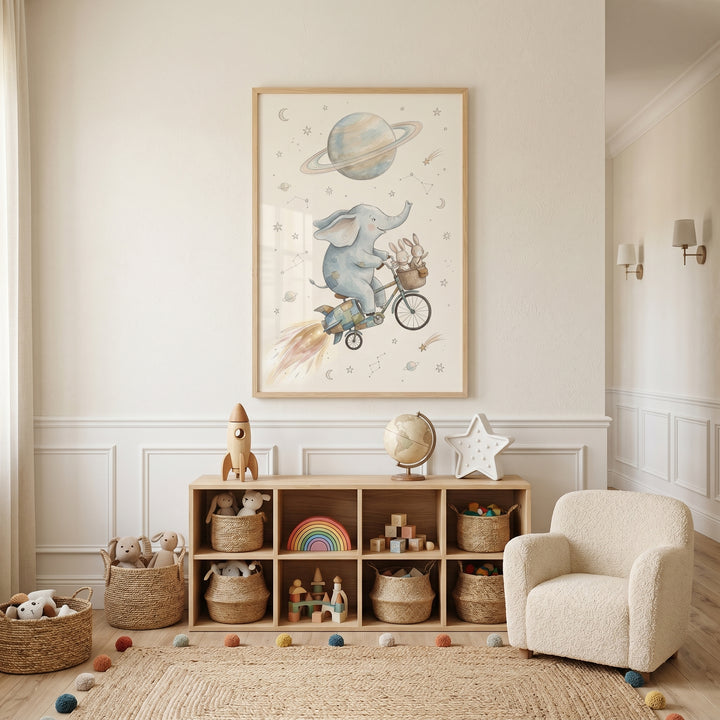 Rocket bicycle space animals wall art hangs above a wooden shelf and white armchair in a neutral nursery.