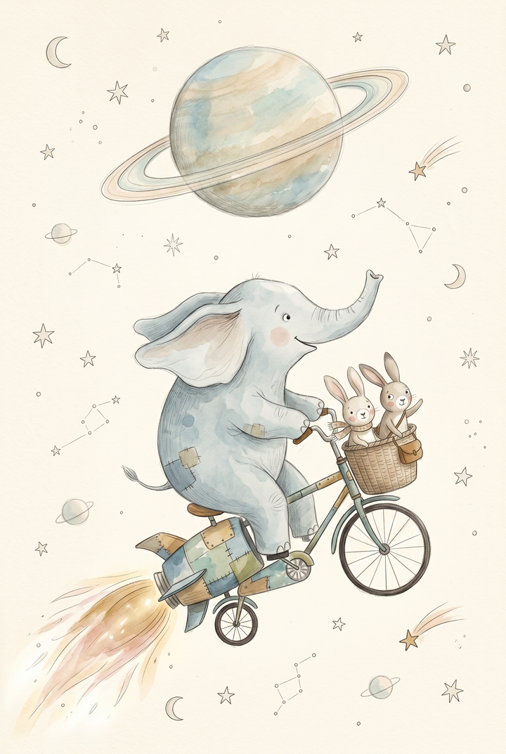 Watercolor elephant and bunnies riding a rocket bicycle space animals wall art past a ringed planet and stars.