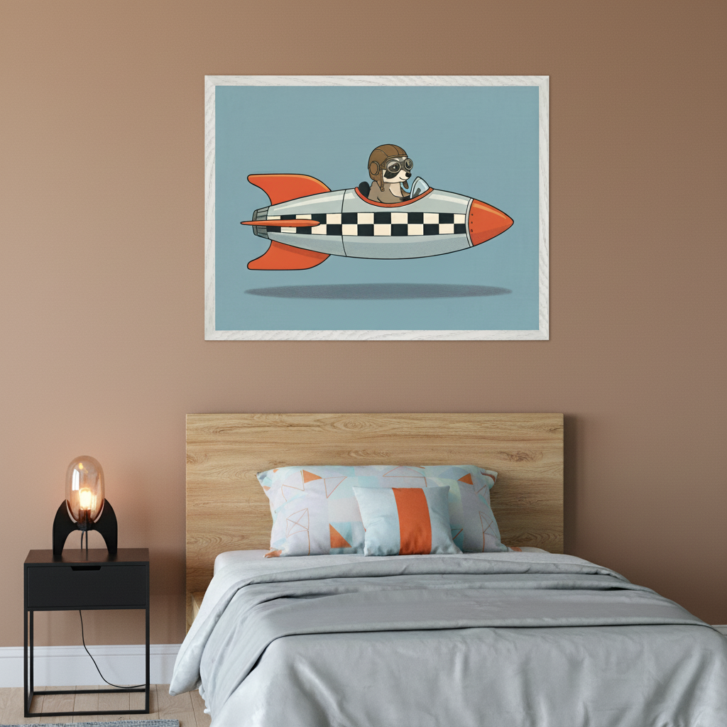 Modern bedroom with a wooden bed and a black nightstand with a lamp. A large framed cartoon print of an animal in aviator gear driving a silver and orange rocket with checkerboard pattern hangs above the bed.