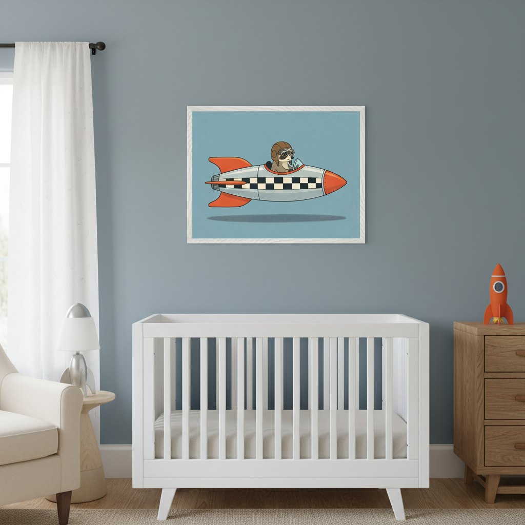 Modern nursery with a white crib against a blue wall. A framed art print of a cartoon sloth in a silver rocket with orange fins and a checkerboard pattern hangs above the crib. A wooden dresser is to the right, and an armchair is to the left.