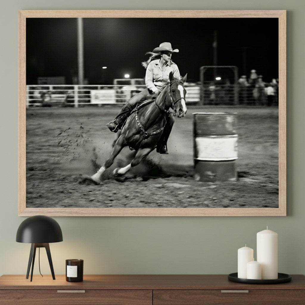 Modern living room with a dark wooden console table. A large, light wood-framed black and white photograph of a female barrel racer on a horse rounding a barrel is centered above the table.