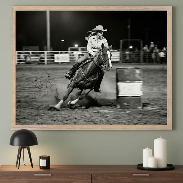 Modern living room with a dark wooden console table. A large, light wood-framed black and white photograph of a female barrel racer on a horse rounding a barrel is centered above the table.