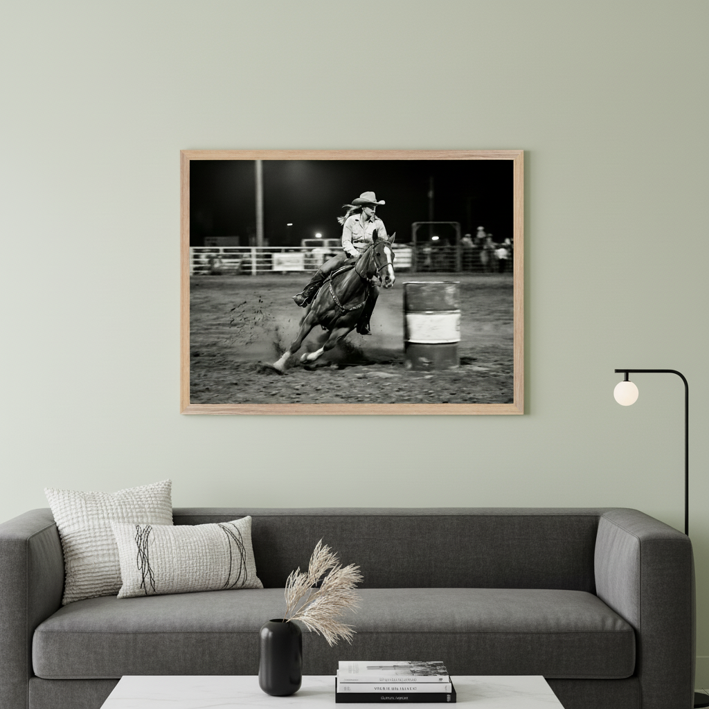 Modern living room with a dark gray sofa and a white coffee table. A large framed black and white photograph of a cowgirl on a horse racing around a barrel hangs above the sofa.